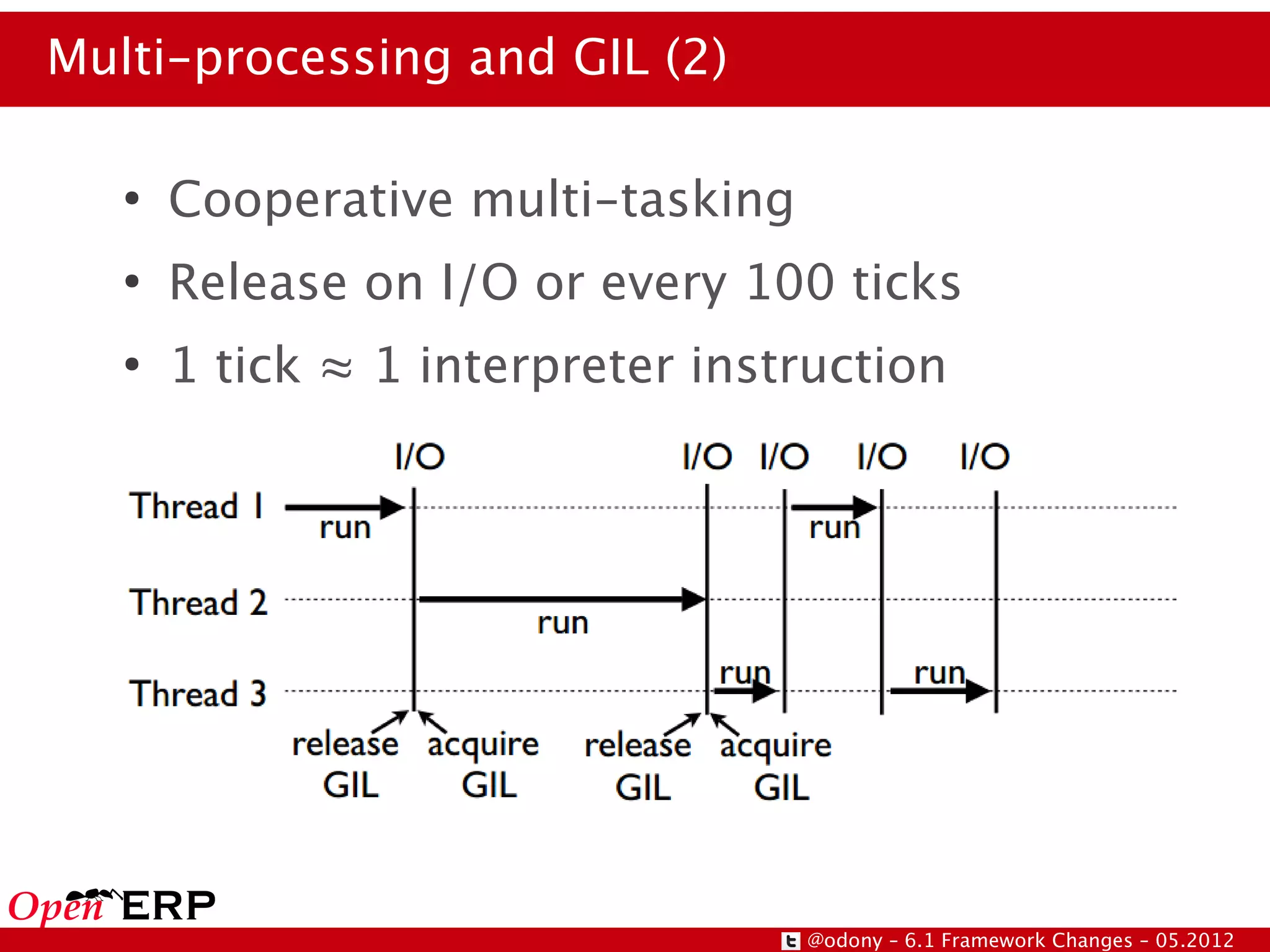 Multi-processing and GIL (2)

   ●
       Cooperative multi-tasking
   ●
       Release on I/O or every 100 ticks
   ●
       1 tick ≈ 1 interpreter instruction




                                   @odony – 6.1 Framework Changes – 05.2012
 