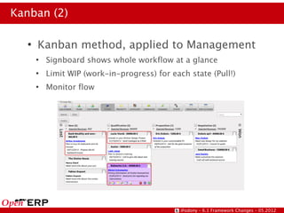 Kanban (2)

  ●
      Kanban method, applied to Management
      ●
          Signboard shows whole workflow at a glance
      ●
          Limit WIP (work-in-progress) for each state (Pull!)
      ●
          Monitor flow




                                              @odony – 6.1 Framework Changes – 05.2012
 