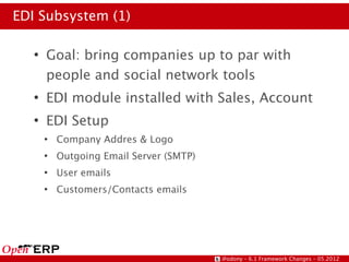 EDI Subsystem (1)

   ●
       Goal: bring companies up to par with
       people and social network tools
   ●
       EDI module installed with Sales, Account
   ●
       EDI Setup
       ●
           Company Addres & Logo
       ●
           Outgoing Email Server (SMTP)
       ●
           User emails
       ●
           Customers/Contacts emails




                                          @odony – 6.1 Framework Changes – 05.2012
 
