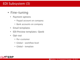 EDI Subsystem (3)

   ●
       Fine-tuning
       ●
           Payment options
            ●
                Paypal account on company
            ●
                Bank accounts on company
       ●
           Email templates
       ●
           EDI Preview templates: Qweb
       ●
           Opt-out
            ●
                Per-customer
            ●
                Global – workflow level
            ●
                Global – template




                                            @odony – 6.1 Framework Changes – 05.2012
 