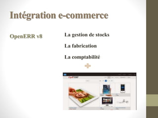 Intégration e-commerce
La gestion de stocks
La fabrication
La comptabilité
OpenERR v8
 