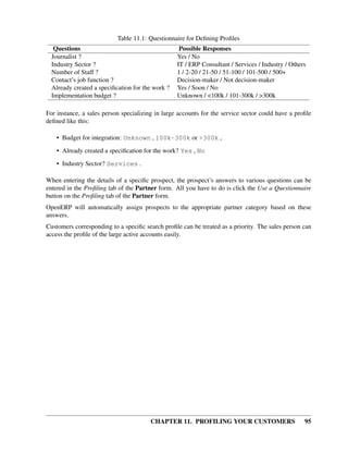Table 11.1: Questionnaire for Deﬁning Proﬁles
   Questions                                       Possible Responses
  Journalist ?                                    Yes / No
  Industry Sector ?                               IT / ERP Consultant / Services / Industry / Others
  Number of Staff ?                               1 / 2-20 / 21-50 / 51-100 / 101-500 / 500+
  Contact’s job function ?                        Decision-maker / Not decision-maker
  Already created a speciﬁcation for the work ?   Yes / Soon / No
  Implementation budget ?                         Unknown / <100k / 101-300k / >300k

For instance, a sales person specializing in large accounts for the service sector could have a proﬁle
deﬁned like this:

    • Budget for integration: Unknown , 100k-300k or >300k ,
    • Already created a speciﬁcation for the work? Yes , No

    • Industry Sector? Services .

When entering the details of a speciﬁc prospect, the prospect’s answers to various questions can be
entered in the Proﬁling tab of the Partner form. All you have to do is click the Use a Questionnaire
button on the Proﬁling tab of the Partner form.
OpenERP will automatically assign prospects to the appropriate partner category based on these
answers.
Customers corresponding to a speciﬁc search proﬁle can be treated as a priority. The sales person can
access the proﬁle of the large active accounts easily.




                                        CHAPTER 11. PROFILING YOUR CUSTOMERS                       95
 