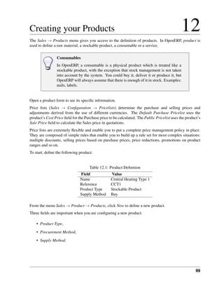 Creating your Products                                                                        12
The Sales → Products menu gives you access to the deﬁnition of products. In OpenERP, product is
used to deﬁne a raw material, a stockable product, a consumable or a service.

                Consumables
                In OpenERP, a consumable is a physical product which is treated like a
                stockable product, with the exception that stock management is not taken
                into account by the system. You could buy it, deliver it or produce it, but
                OpenERP will always assume that there is enough of it in stock. Examples:
                nails, labels.


Open a product form to see its speciﬁc information.
Price lists (Sales → Conﬁguration → Pricelists) determine the purchase and selling prices and
adjustments derived from the use of different currencies. The Default Purchase Pricelist uses the
product’s Cost Price ﬁeld for the Purchase price to be calculated. The Public Pricelist uses the product’s
Sale Price ﬁeld to calculate the Sales price in quotations.
Price lists are extremely ﬂexible and enable you to put a complete price management policy in place.
They are composed of simple rules that enable you to build up a rule set for most complex situations:
multiple discounts, selling prices based on purchase prices, price reductions, promotions on product
ranges and so on.
To start, deﬁne the following product:


                                     Table 12.1: Product Deﬁnition
                               Field              Value
                               Name               Central Heating Type 1
                               Reference          CCT1
                               Product Type       Stockable Product
                               Supply Method      Buy

From the menu Sales → Product → Products, click New to deﬁne a new product.
Three ﬁelds are important when you are conﬁguring a new product:

    • Product Type,
    • Procurement Method,
    • Supply Method.




                                                                                                       99
 