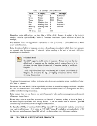 Table 12.2: Example Units of Measure
                           UoM         Category          Ratio    UoM Type
                          Kg           Weight           1         Reference
                          Gram         Weight           1000      Smaller
                          Tonne        Weight           1000      Bigger
                          Hour         Working time     8         Smaller
                          Day          Working time     1         Reference
                          Half-day     Working time     4         Smaller
                          Item         Unit             1
                          100 Items    Unit             0.01

Depending on the table above, you have 1Kg = 1000g = 0.001 Tonnes. A product in the Weight
category could be expressed in Kg, Tonnes or Grammes. You cannot express it in hours or pieces, for
example.
Use the menu Sales → Conﬁguration → Products → Units of Measure → Units of Measure to deﬁne
a new unit of measure.
In the deﬁnition of a Unit of Measure, you have a Rounding precision factor which shows how amounts
are rounded after the conversion. A value of 1 gives rounding to the level of one unit. 0.01 gives
rounding to one hundredth.

                  Secondary Units
                  OpenERP supports double units of measure. Notice however that the
                  default unit of measure and the purchase unit of measure have to be in
                  the same category. Only the sales unit of measure may be in a different
                  category.
                  This is very useful in the agro-food industry, for example: you sell ham by
                  the piece but invoice by the Kg. A weighing operation is needed before
                  invoicing the customer.


To activate the management options for double units of measure, assign the group Useability / Product
UoS View to your user.
In this case, the same product can be expressed in two units of measure belonging to different categories
for sales and stock/purchase. You can then distinguish between the unit of stock management (the piece)
and the unit of invoicing or sales (kg).
In the product form you can then set one unit of measure for sales and stock management, and one unit
of measure for purchases.
For each operation on a product, you can use another unit of measure, as long as it can be found in
the same category as the two units already deﬁned. If you use another unit of measure, OpenERP
automatically handles the conversion of prices and quantities.
So if you have 430 Kg of carrots at 5.30 EUR/Kg, OpenERP will automatically make the conversion if
you want to sell in tonnes – 0.43 tonnes at 5300 EUR / tonne. If you had set a rounding factor of 0.1
for the tonne unit of measure, OpenERP will tell you that you have only 0.4 tonnes available.


104    CHAPTER 12. CREATING YOUR PRODUCTS
 