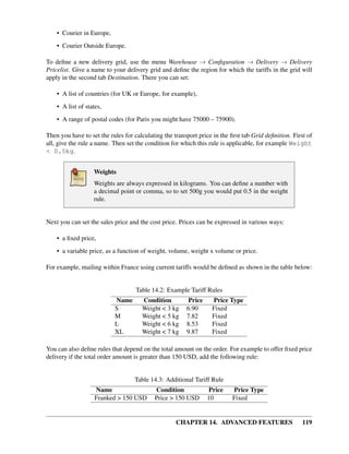 • Courier in Europe,
    • Courier Outside Europe.

To deﬁne a new delivery grid, use the menu Warehouse → Conﬁguration → Delivery → Delivery
Pricelist. Give a name to your delivery grid and deﬁne the region for which the tariffs in the grid will
apply in the second tab Destination. There you can set:

    • A list of countries (for UK or Europe, for example),
    • A list of states,
    • A range of postal codes (for Paris you might have 75000 – 75900).

Then you have to set the rules for calculating the transport price in the ﬁrst tab Grid deﬁnition. First of
all, give the rule a name. Then set the condition for which this rule is applicable, for example Weight
< 0.5kg.


                   Weights
                   Weights are always expressed in kilograms. You can deﬁne a number with
                   a decimal point or comma, so to set 500g you would put 0.5 in the weight
                   rule.


Next you can set the sales price and the cost price. Prices can be expressed in various ways:

    • a ﬁxed price,
    • a variable price, as a function of weight, volume, weight x volume or price.

For example, mailing within France using current tariffs would be deﬁned as shown in the table below:


                                    Table 14.2: Example Tariff Rules
                           Name       Condition          Price    Price Type
                           S          Weight < 3 kg     6.90      Fixed
                           M          Weight < 5 kg     7.82      Fixed
                           L          Weight < 6 kg     8.53      Fixed
                           XL         Weight < 7 kg     9.87      Fixed

You can also deﬁne rules that depend on the total amount on the order. For example to offer ﬁxed price
delivery if the total order amount is greater than 150 USD, add the following rule:


                                   Table 14.3: Additional Tariff Rule
                    Name                   Condition             Price    Price Type
                    Franked > 150 USD      Price > 150 USD       10       Fixed


                                                    CHAPTER 14. ADVANCED FEATURES                      119
 