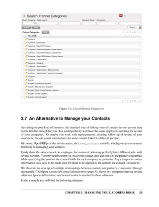 Figure 3.4: List of Partner Categories


3.7 An Alternative to Manage your Contacts
According to your kind of business, the standard way of linking several contacts to one partner may
not be ﬂexible enough for you. You could perfectly well have the same employees working for several
of your companies. Or maybe you work with representatives ensuring follow up of several of your
customers. So you would want to have the same contact linked to different partners.
Of course, OpenERP provides an alternative, the base_contact module, which gives you even more
ﬂexibility in managing your contacts.
Easily share the same contact (an employee, for instance), who may perfectly have different jobs, with
several partners. You only need to enter (or create) the contact once and link it to the partners concerned,
while specifying the position the contact holds for each company in particular. Any changes to contact
information only need to be made once for them to be applied to all partners the contact is related to!
We illustrate the concept of multiple relationships between contacts and partners (companies) through
an example. The ﬁgure Advanced Contact Management (page 30) shows two companies having several
addresses (places of business) and several contacts attached to these addresses.
In this example you will ﬁnd the following elements:



                                       CHAPTER 3. MANAGING YOUR ADDRESS BOOK                             29
 