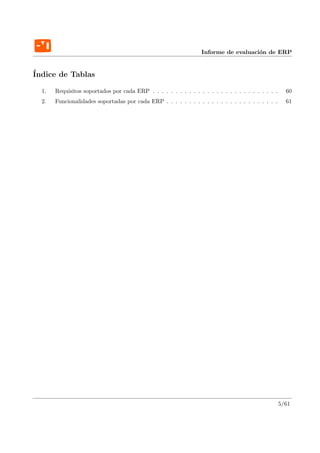 Informe de evaluaci´n de ERP
                                                                                     o


´
Indice de Tablas

  1.   Requisitos soportados por cada ERP . . . . . . . . . . . . . . . . . . . . . . . . . . . .     60
  2.   Funcionalidades soportadas por cada ERP . . . . . . . . . . . . . . . . . . . . . . . . .      61




                                                                                                    5/61
 