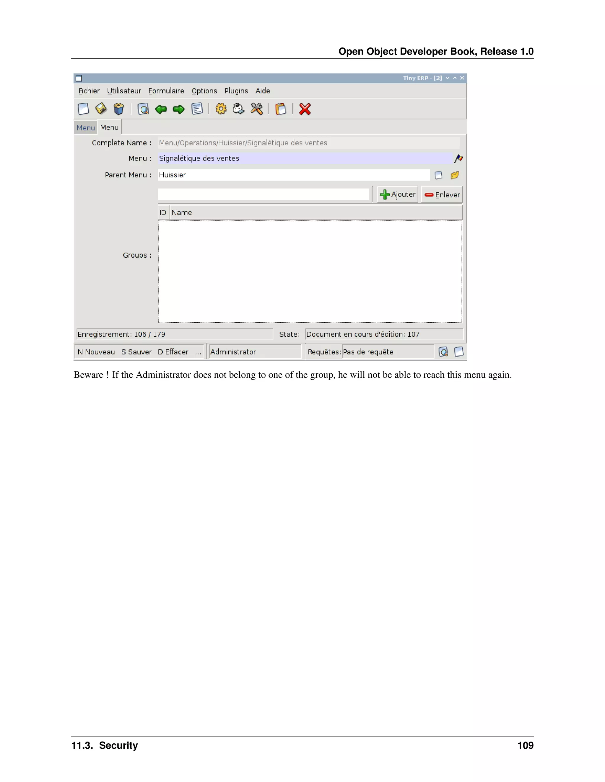 Open Object Developer Book, Release 1.0 Beware ! If the Administrator does not belong to one of the group, he will not be able to reach this menu again. 11.3. Security 109 