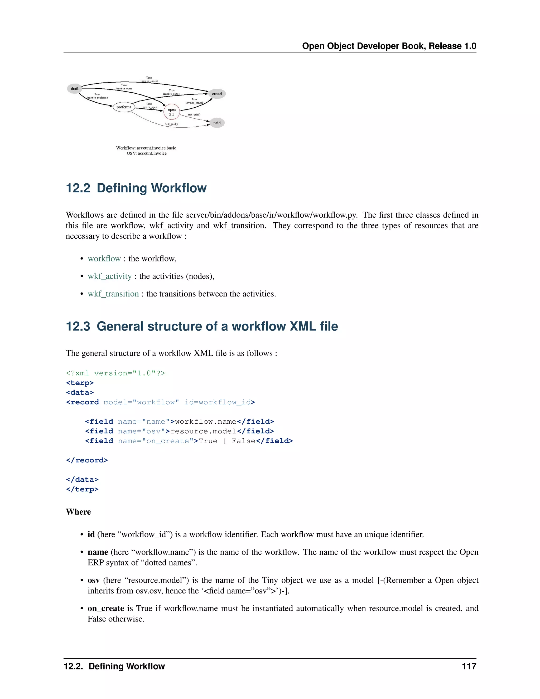 Open Object Developer Book, Release 1.0 12.2 Deﬁning Workﬂow Workﬂows are deﬁned in the ﬁle server/bin/addons/base/ir/workﬂow/workﬂow.py. The ﬁrst three classes deﬁned in this ﬁle are workﬂow, wkf_activity and wkf_transition. They correspond to the three types of resources that are necessary to describe a workﬂow : • workﬂow : the workﬂow, • wkf_activity : the activities (nodes), • wkf_transition : the transitions between the activities. 12.3 General structure of a workﬂow XML ﬁle The general structure of a workﬂow XML ﬁle is as follows : <?xml version="1.0"?> <terp> <data> <record model="workflow" id=workflow_id> <field name="name">workflow.name</field> <field name="osv">resource.model</field> <field name="on_create">True | False</field> </record> </data> </terp> Where • id (here “workﬂow_id”) is a workﬂow identiﬁer. Each workﬂow must have an unique identiﬁer. • name (here “workﬂow.name”) is the name of the workﬂow. The name of the workﬂow must respect the Open ERP syntax of “dotted names”. • osv (here “resource.model”) is the name of the Tiny object we use as a model [-(Remember a Open object inherits from osv.osv, hence the ‘<ﬁeld name=”osv”>’)-]. • on_create is True if workﬂow.name must be instantiated automatically when resource.model is created, and False otherwise. 12.2. Deﬁning Workﬂow 117 