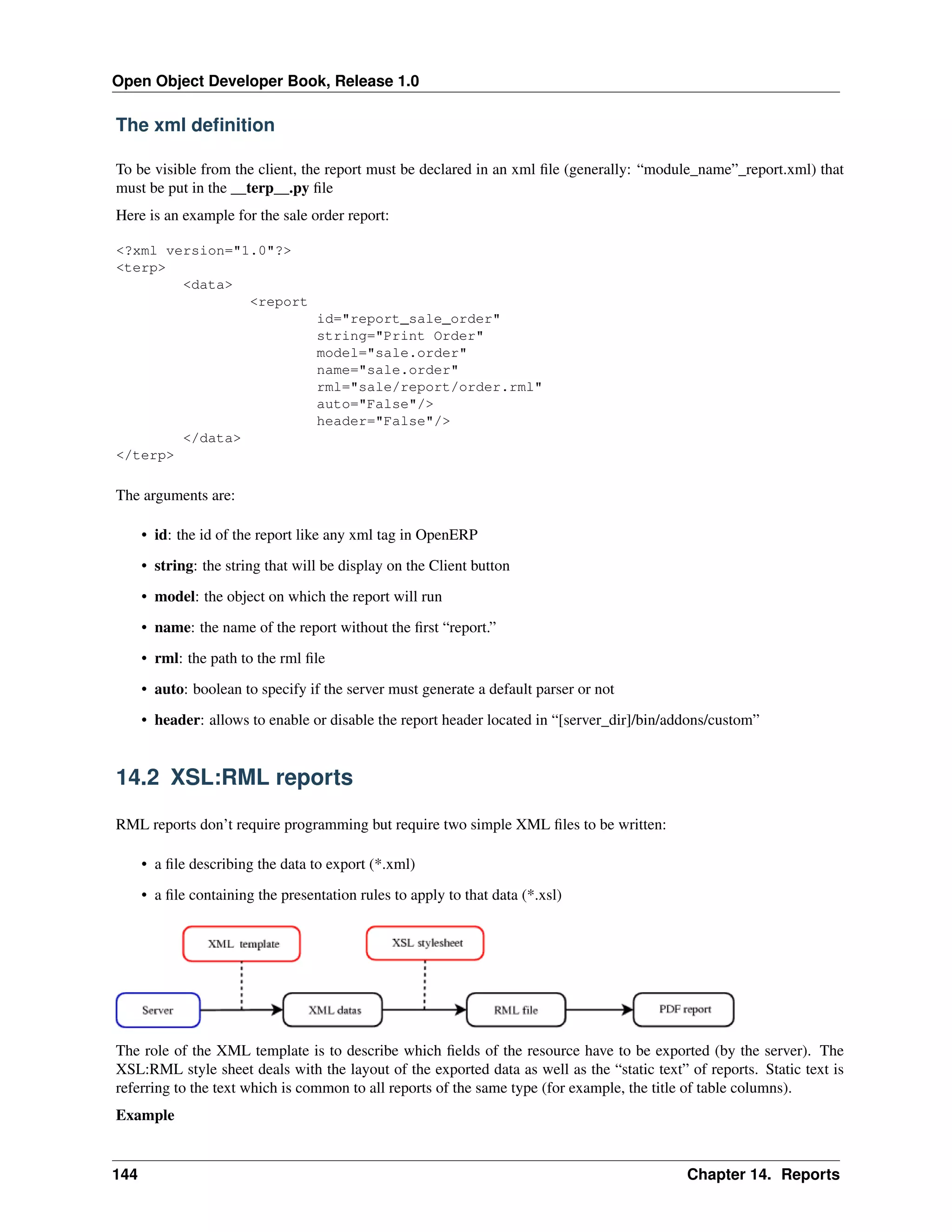 Open Object Developer Book, Release 1.0 The xml deﬁnition To be visible from the client, the report must be declared in an xml ﬁle (generally: “module_name”_report.xml) that must be put in the __terp__.py ﬁle Here is an example for the sale order report: <?xml version="1.0"?> <terp> <data> <report id="report_sale_order" string="Print Order" model="sale.order" name="sale.order" rml="sale/report/order.rml" auto="False"/> header="False"/> </data> </terp> The arguments are: • id: the id of the report like any xml tag in OpenERP • string: the string that will be display on the Client button • model: the object on which the report will run • name: the name of the report without the ﬁrst “report.” • rml: the path to the rml ﬁle • auto: boolean to specify if the server must generate a default parser or not • header: allows to enable or disable the report header located in “[server_dir]/bin/addons/custom” 14.2 XSL:RML reports RML reports don’t require programming but require two simple XML ﬁles to be written: • a ﬁle describing the data to export (*.xml) • a ﬁle containing the presentation rules to apply to that data (*.xsl) The role of the XML template is to describe which ﬁelds of the resource have to be exported (by the server). The XSL:RML style sheet deals with the layout of the exported data as well as the “static text” of reports. Static text is referring to the text which is common to all reports of the same type (for example, the title of table columns). Example 144 Chapter 14. Reports 