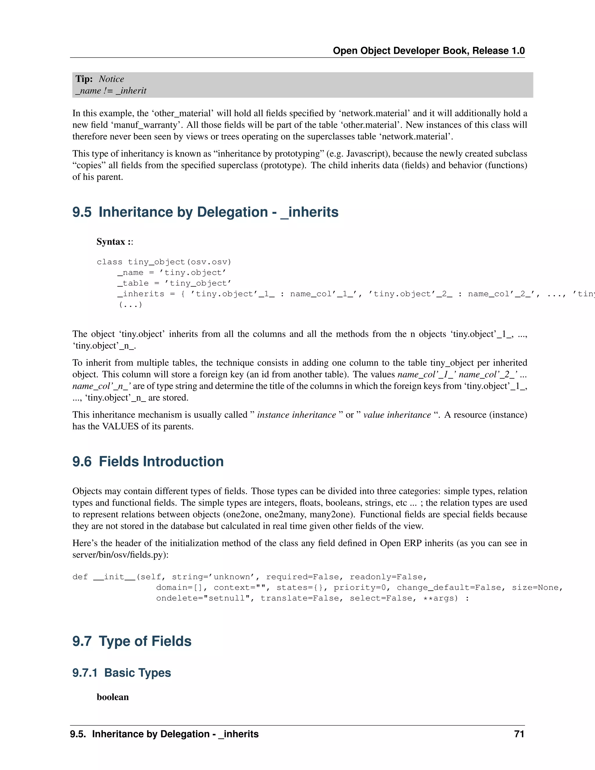 Open Object Developer Book, Release 1.0 Tip: Notice _name != _inherit In this example, the ‘other_material’ will hold all ﬁelds speciﬁed by ‘network.material’ and it will additionally hold a new ﬁeld ‘manuf_warranty’. All those ﬁelds will be part of the table ‘other.material’. New instances of this class will therefore never been seen by views or trees operating on the superclasses table ‘network.material’. This type of inheritancy is known as “inheritance by prototyping” (e.g. Javascript), because the newly created subclass “copies” all ﬁelds from the speciﬁed superclass (prototype). The child inherits data (ﬁelds) and behavior (functions) of his parent. 9.5 Inheritance by Delegation - _inherits Syntax :: class tiny_object(osv.osv) _name = ’tiny.object’ _table = ’tiny_object’ _inherits = { ’tiny.object’_1_ : name_col’_1_’, ’tiny.object’_2_ : name_col’_2_’, ..., ’tiny (...) The object ‘tiny.object’ inherits from all the columns and all the methods from the n objects ‘tiny.object’_1_, ..., ‘tiny.object’_n_. To inherit from multiple tables, the technique consists in adding one column to the table tiny_object per inherited object. This column will store a foreign key (an id from another table). The values name_col’_1_’ name_col’_2_’ ... name_col’_n_’ are of type string and determine the title of the columns in which the foreign keys from ‘tiny.object’_1_, ..., ‘tiny.object’_n_ are stored. This inheritance mechanism is usually called ” instance inheritance ” or ” value inheritance “. A resource (instance) has the VALUES of its parents. 9.6 Fields Introduction Objects may contain different types of ﬁelds. Those types can be divided into three categories: simple types, relation types and functional ﬁelds. The simple types are integers, ﬂoats, booleans, strings, etc ... ; the relation types are used to represent relations between objects (one2one, one2many, many2one). Functional ﬁelds are special ﬁelds because they are not stored in the database but calculated in real time given other ﬁelds of the view. Here’s the header of the initialization method of the class any ﬁeld deﬁned in Open ERP inherits (as you can see in server/bin/osv/ﬁelds.py): def __init__(self, string=’unknown’, required=False, readonly=False, domain=[], context="", states={}, priority=0, change_default=False, size=None, ondelete="setnull", translate=False, select=False, **args) : 9.7 Type of Fields 9.7.1 Basic Types boolean 9.5. Inheritance by Delegation - _inherits 71 