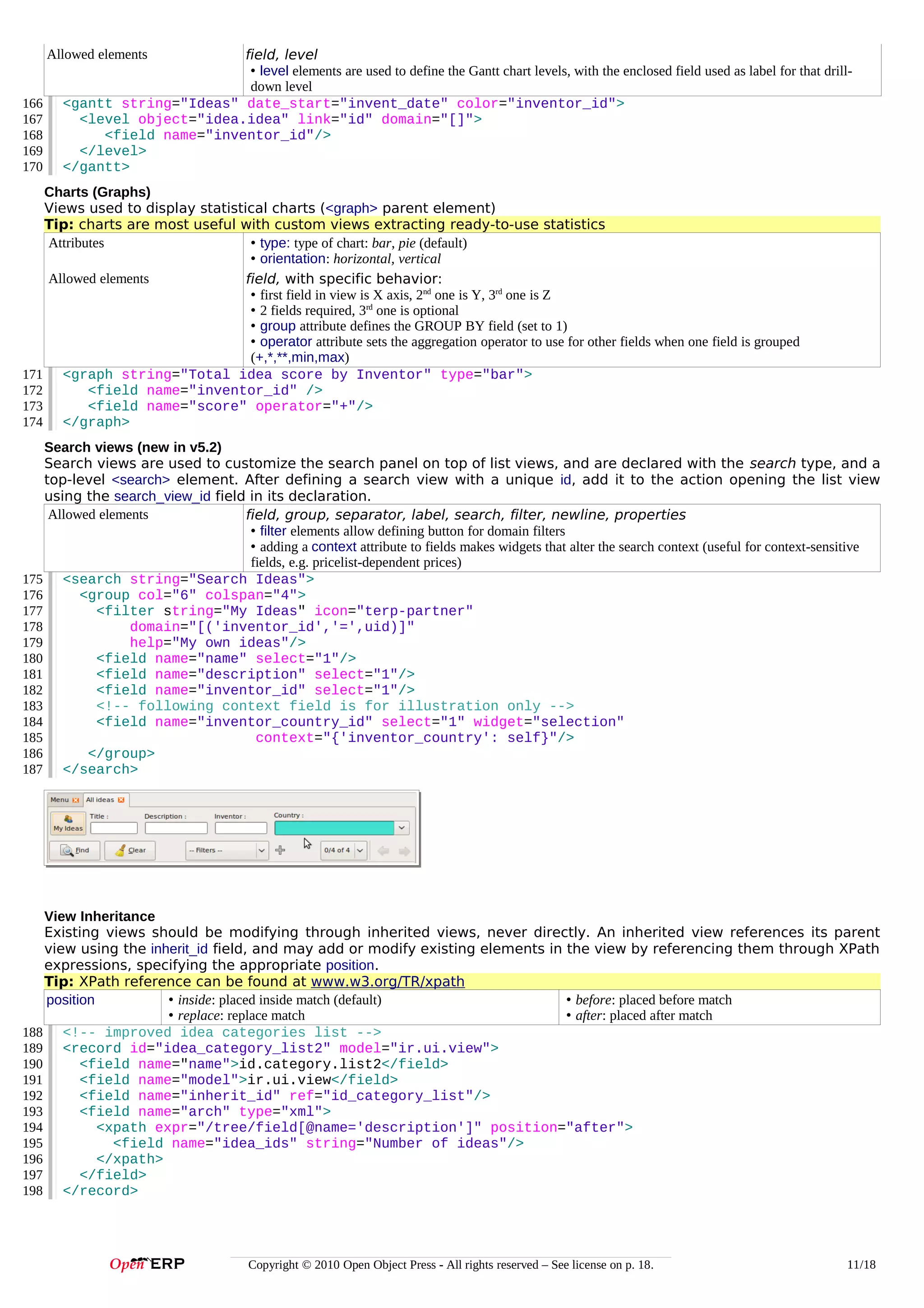 Allowed elements
166
167
168
169
170

field, level
• level elements are used to define the Gantt chart levels, with the enclosed field used as label for that drilldown level
<gantt string="Ideas" date_start="invent_date" color="inventor_id">
<level object="idea.idea" link="id" domain="[]">
<field name="inventor_id"/>
</level>
</gantt>

Charts (Graphs)
Views used to display statistical charts (<graph> parent element)
Tip: charts are most useful with custom views extracting ready-to-use statistics
Attributes
• type: type of chart: bar, pie (default)
• orientation: horizontal, vertical
Allowed elements
field, with specific behavior:
• first field in view is X axis, 2nd one is Y, 3rd one is Z
• 2 fields required, 3rd one is optional
• group attribute defines the GROUP BY field (set to 1)
• operator attribute sets the aggregation operator to use for other fields when one field is grouped
(+,*,**,min,max)
171 <graph string="Total idea score by Inventor" type="bar">
172
<field name="inventor_id" />
173
<field name="score" operator="+"/>
174 </graph>
Search views (new in v5.2)
Search views are used to customize the search panel on top of list views, and are declared with the search type, and a
top-level <search> element. After defining a search view with a unique id, add it to the action opening the list view
using the search_view_id field in its declaration.
Allowed elements
field, group, separator, label, search, filter, newline, properties
• filter elements allow defining button for domain filters
• adding a context attribute to fields makes widgets that alter the search context (useful for context-sensitive
fields, e.g. pricelist-dependent prices)
175 <search string="Search Ideas">
176
<group col="6" colspan="4">
177
<filter string="My Ideas" icon="terp-partner"
178
domain="[('inventor_id','=',uid)]"
179
help="My own ideas"/>
180
<field name="name" select="1"/>
181
<field name="description" select="1"/>
182
<field name="inventor_id" select="1"/>
183
<!-- following context field is for illustration only -->
184
<field name="inventor_country_id" select="1" widget="selection"
185
context="{'inventor_country': self}"/>
186
</group>
187 </search>

View Inheritance
Existing views should be modifying through inherited views, never directly. An inherited view references its parent
view using the inherit_id field, and may add or modify existing elements in the view by referencing them through XPath
expressions, specifying the appropriate position.
Tip: XPath reference can be found at www.w3.org/TR/xpath
• inside: placed inside match (default)
• before: placed before match
position
• replace: replace match
• after: placed after match
188 <!-- improved idea categories list -->
189 <record id="idea_category_list2" model="ir.ui.view">
190
<field name="name">id.category.list2</field>
191
<field name="model">ir.ui.view</field>
192
<field name="inherit_id" ref="id_category_list"/>
193
<field name="arch" type="xml">
194
<xpath expr="/tree/field[@name='description']" position="after">
195
<field name="idea_ids" string="Number of ideas"/>
196
</xpath>
197
</field>
198 </record>

Copyright © 2010 Open Object Press - All rights reserved – See license on p. 18.

11/18

 