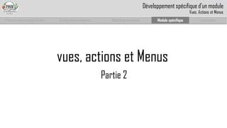 Prise en main complet d’odoo 
Configuration complète 
Module personnalisé 
Module spécifique 
Conclusion 
vues, actions et Menus 
Partie 2 
Développement spécifique d’un module 
Vues, Actions et Menus  