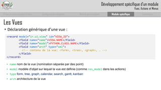 Prise en main complet d’odoo 
Configuration complète 
Module personnalisé 
Module spécifique 
Conclusion 
Les Vues 
•Déclaration générique d’une vue : 
<record model="ir.ui.view" id="VIEW_ID"> 
<field name="name">VIEW.NAME</field> 
<field name="model">PYTHON.CLASS.NAME</field> 
<field name="arch" type="xml"> 
<!--contenu de la vue: <form>, <tree>, <graph>, … --> 
</field> 
</record> 
•namenom de la vue (nomination séparée par des point) 
•modelmodèle d'objet sur lequel la vue est définie (comme res_modeldans les actions) 
•typeform, tree, graph, calendar, search, gantt, kanban 
•archarchitecture de la vue 
Développement spécifique d’un module 
Vues, Actions et Menus  