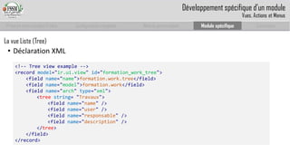 Prise en main complet d’odoo 
Configuration complète 
Module personnalisé 
Module spécifique 
Conclusion 
La vue Liste (Tree) 
•Déclaration XML 
<!--Treeviewexample--> 
<record model="ir.ui.view" id="formation_work_tree"> 
<field name="name">formation.work.tree</field> 
<field name="model">formation.work</field> 
<field name="arch" type="xml"> 
<treestring="Travaux"> 
<fieldname="name" /> 
<fieldname="user" /> 
<fieldname="responsable" /> 
<fieldname="description" /> 
</tree> 
</field> 
</record> 
Développement spécifique d’un module 
Vues, Actions et Menus  