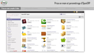 Prise en main complet d’odoo 
Configuration complète 
Module personnalisé 
Module spécifique 
Conclusion 
Prise en main et paramétrage d’OpenERP  