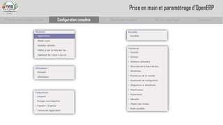 Prise en main complet d’odoo 
Configuration complète 
Module personnalisé 
Module spécifique 
Conclusion 
Prise en main et paramétrage d’OpenERP  