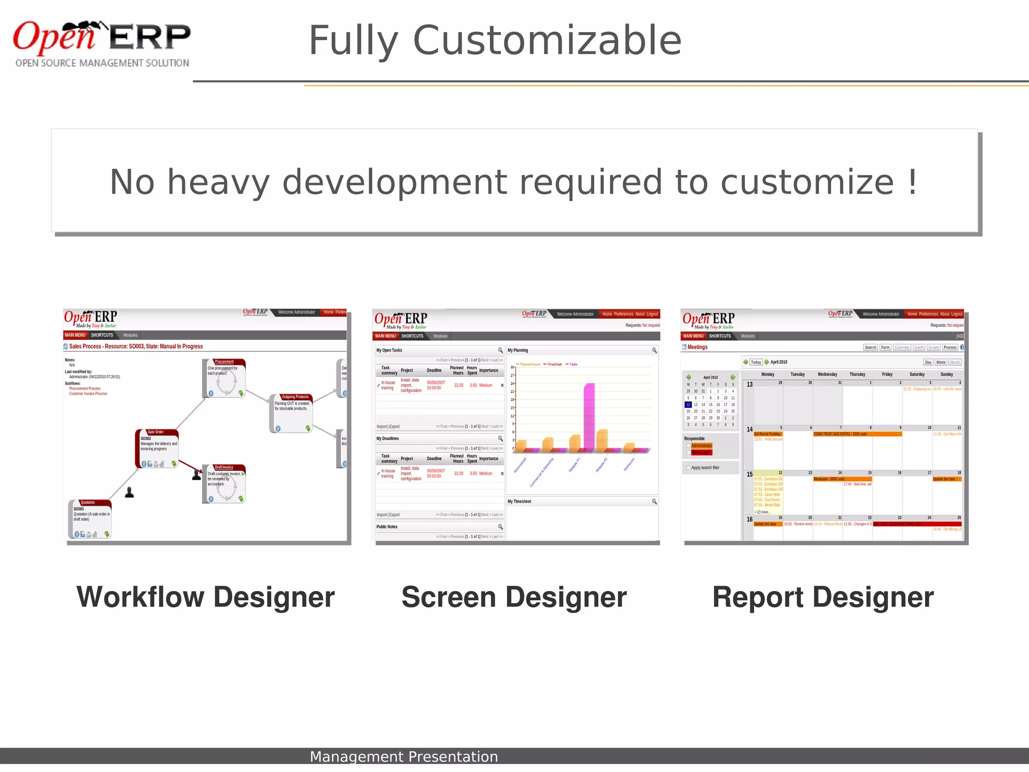 Fully Customizable


    No heavy development required to customize !




          Pict X                                 Pict Y        Pict Z



Workflow Designer                         Screen Designer   Report Designer




Nom du fichier – à compléter   Management Presentation
 