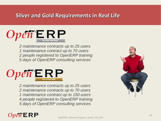 Delivered in several countries Certified Training Partner Resell OpenERP training Register your clients to OpenERP training sessions and enjoy your  Commission. Certified Training Partners deliver official OpenERP training sessions on behalf of OpenERP. Books and eBooks to learn about OpenERP and its modules http://www.openerp.com/buy/books.html 