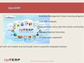 OpenERP Business Management Suite covering all generic processes Over 500 modules New modules every day from active community  180 development branches 25 languages supported Customers start with one module and eventually reach a powerful integrated solution 
