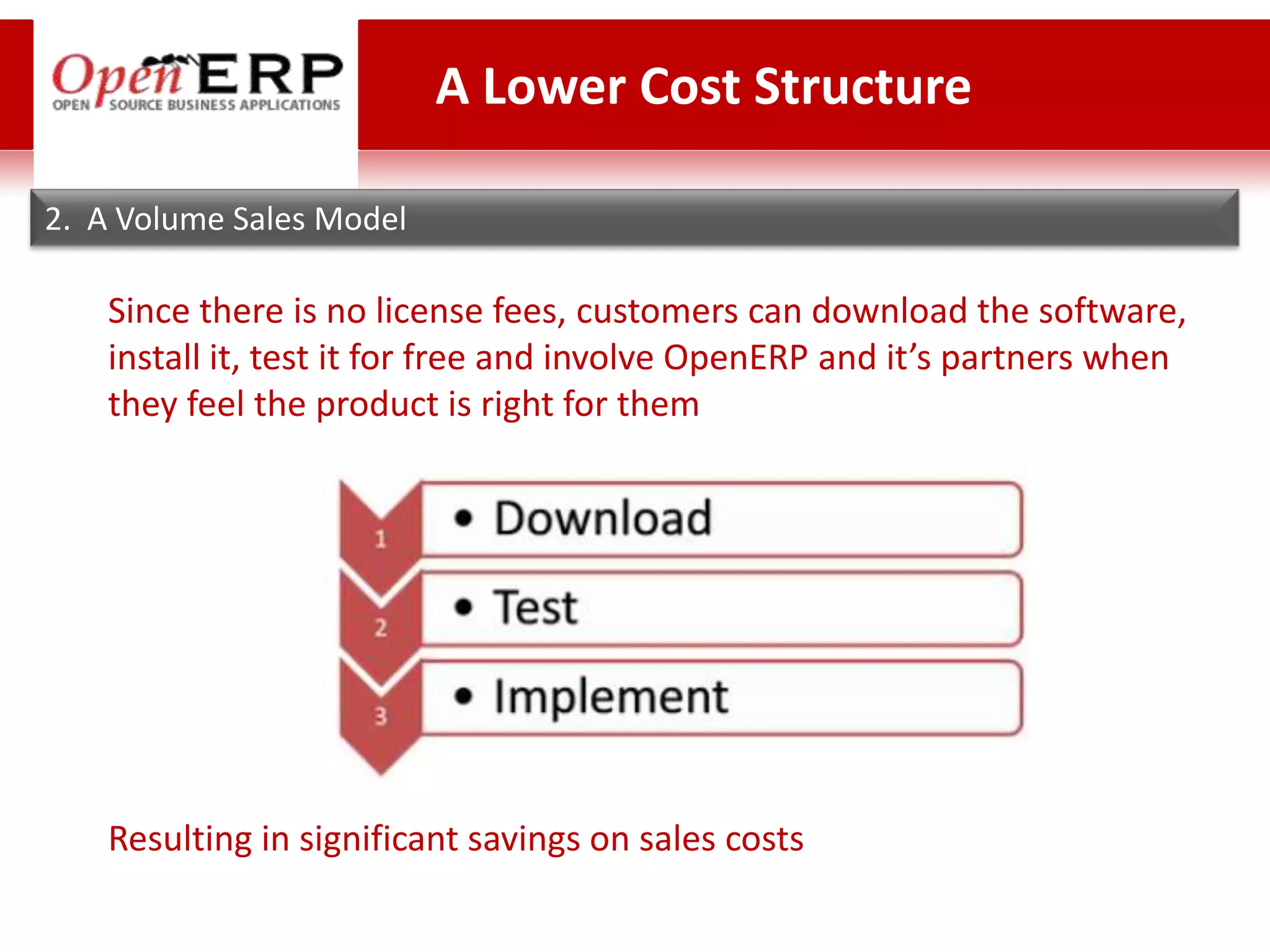 A Lower Cost Structure

2. A Volume Sales Model

    Since there is no license fees, customers can download the software,
    install it, test it for free and involve OpenERP and it’s partners when
    they feel the product is right for them




    Resulting in significant savings on sales costs
 