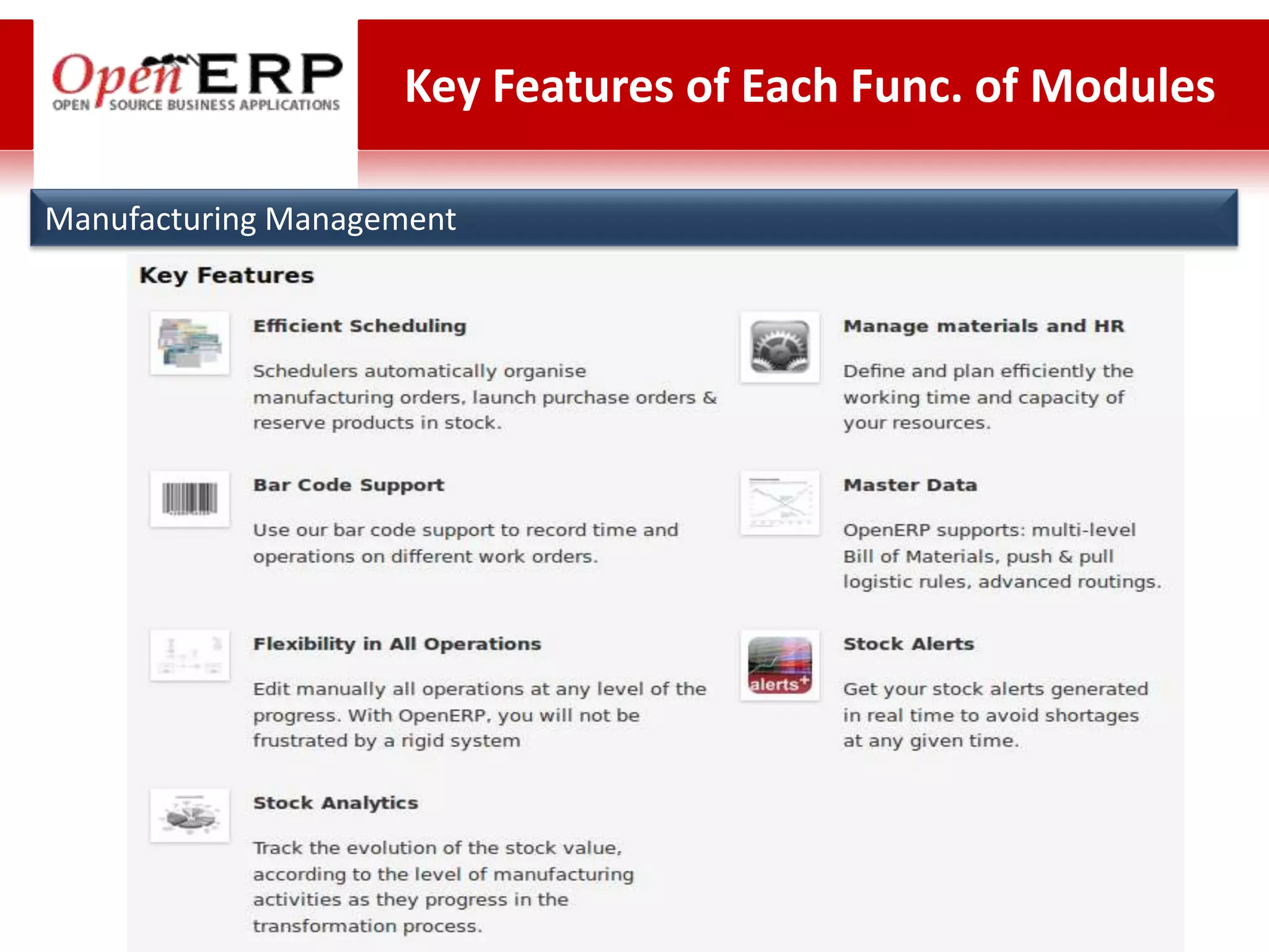 Key Features of Each Func. of Modules

Manufacturing Management
 