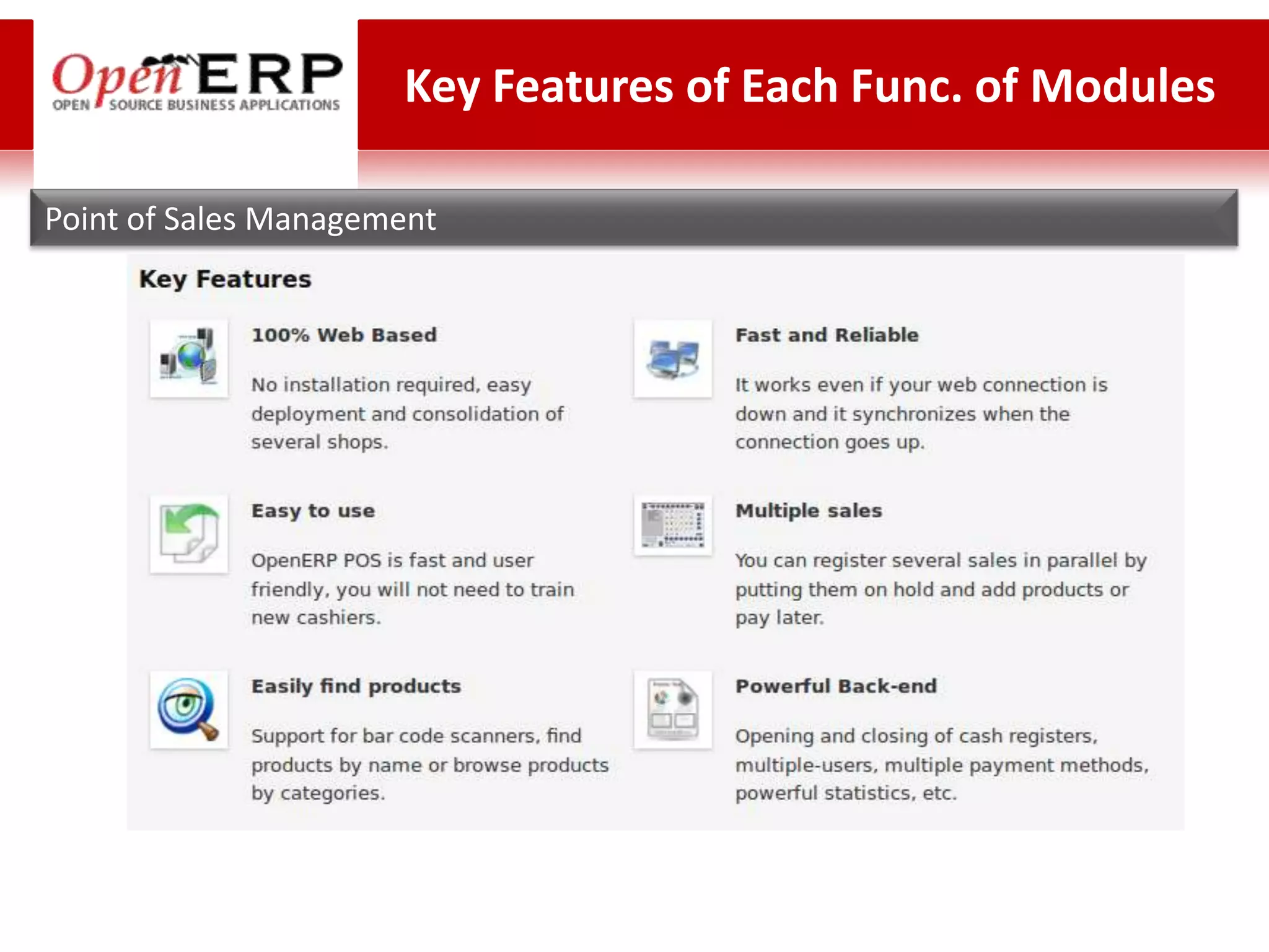 Key Features of Each Func. of Modules

Point of Sales Management
 