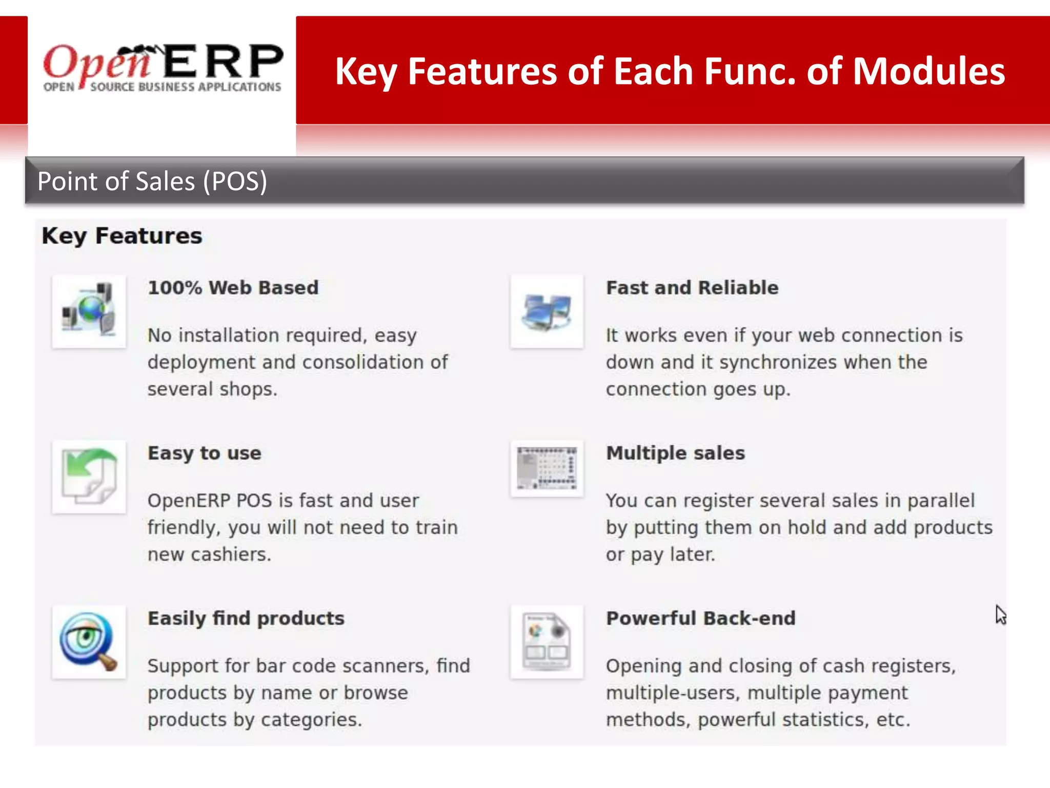 Key Features of Each Func. of Modules

Point of Sales (POS)
 