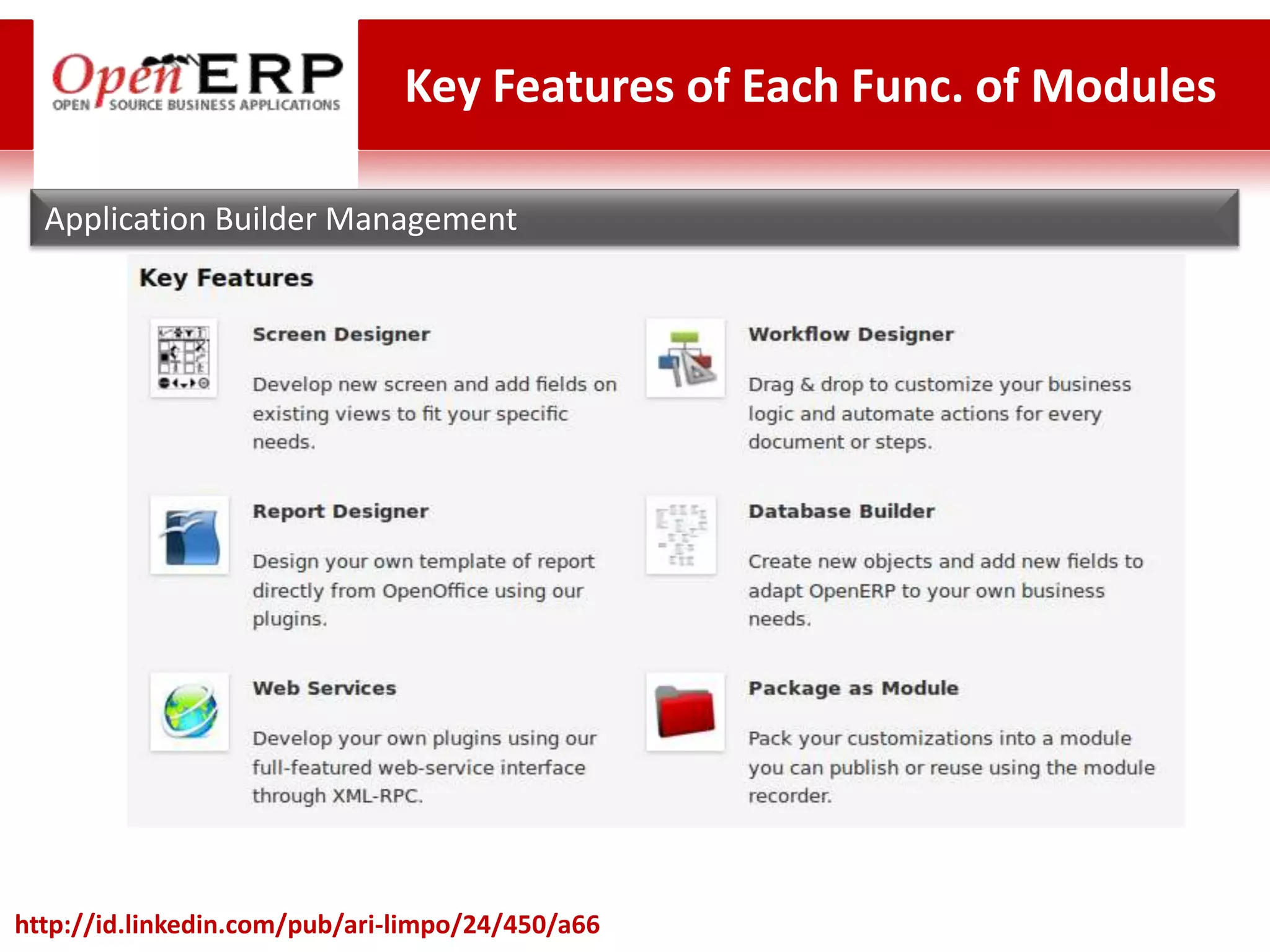 Key Features of Each Func. of Modules

  Application Builder Management




http://id.linkedin.com/pub/ari-limpo/24/450/a66
 