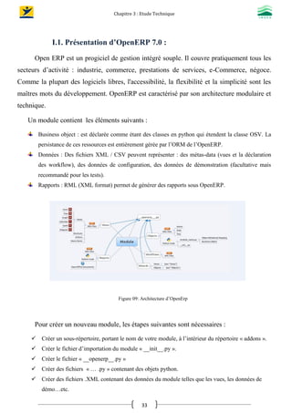 Chapitre 3 : Etude Technique
33
I.1. Présentation d’OpenERP 7.0 :
Open ERP est un progiciel de gestion intégré souple. Il couvre pratiquement tous les
secteurs d’activité : industrie, commerce, prestations de services, e-Commerce, négoce.
Comme la plupart des logiciels libres, l'accessibilité, la flexibilité et la simplicité sont les
maîtres mots du développement. OpenERP est caractérisé par son architecture modulaire et
technique.
Un module contient les éléments suivants :
Business object : est déclarée comme étant des classes en python qui étendent la classe OSV. La
persistance de ces ressources est entièrement gérée par l’ORM de l’OpenERP.
Données : Des fichiers XML / CSV peuvent représenter : des métas-data (vues et la déclaration
des workflow), des données de configuration, des données de démonstration (facultative mais
recommandé pour les tests).
Rapports : RML (XML format) permet de générer des rapports sous OpenERP.
Figure 09: Architecture d’OpenErp
Pour créer un nouveau module, les étapes suivantes sont nécessaires :
 Créer un sous-répertoire, portant le nom de votre module, à l’intérieur du répertoire « addons ».
 Créer le fichier d’importation du module « __init__.py ».
 Créer le fichier « __openerp__.py »
 Créer des fichiers « … .py » contenant des objets python.
 Créer des fichiers .XML contenant des données du module telles que les vues, les données de
démo…etc.
 