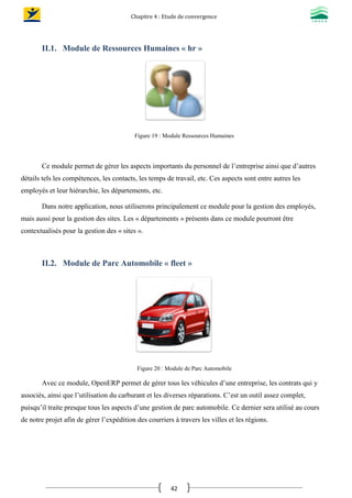 Chapitre 4 : Etude de convergence
42
II.1. Module de Ressources Humaines « hr »
Figure 19 : Module Ressources Humaines
Ce module permet de gérer les aspects importants du personnel de l’entreprise ainsi que d’autres
détails tels les compétences, les contacts, les temps de travail, etc. Ces aspects sont entre autres les
employés et leur hiérarchie, les départements, etc.
Dans notre application, nous utiliserons principalement ce module pour la gestion des employés,
mais aussi pour la gestion des sites. Les « départements » présents dans ce module pourront être
contextualisés pour la gestion des « sites ».
II.2. Module de Parc Automobile « fleet »
Figure 20 : Module de Parc Automobile
Avec ce module, OpenERP permet de gérer tous les véhicules d’une entreprise, les contrats qui y
associés, ainsi que l’utilisation du carburant et les diverses réparations. C’est un outil assez complet,
puisqu’il traite presque tous les aspects d’une gestion de parc automobile. Ce dernier sera utilisé au cours
de notre projet afin de gérer l’expédition des courriers à travers les villes et les régions.
 