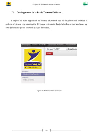 Chapitre 5 : Réalisation et mise en œuvre
49
IV. Développement de la Partie Tournées/Collectes :
L’objectif de notre application se focalise en premier lieu sur la gestion des tournées et
collecte, c’est pour cela on est opté a développé cette partie. Tout d’abord on créant les classes de
cette partie ainsi que les fonctions et vues nécessaire.
Figure 31 : Partie Tournées et collectes
 