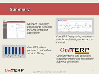 Summary


      OpenERP is ideally
      positioned to penetrate
      the SME untapped
      opportunity
                                    OpenERP fast growing awareness
                                    calls for additional partners across
                                    the world
      OpenERP allows
      partners to value their
      service offering
                                    OpenERP terms and conditions
                                    support profitable and sustainable
                                    business economics


                                                                     20
           OpenERP_Channel_Program_Zone1_EN_EUR
 