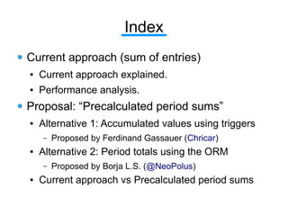 Index
Current approach (sum of entries)
●   Current approach explained.
●   Performance analysis.
Proposal: “Precalculated...