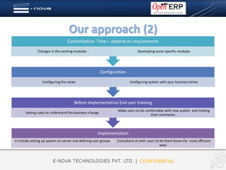 Our approach (2)
                                  Customization Time :- depend on requirements

               Changes in the existing modules                                 Developing some specific modules




                                                        Configuration

                  Configuring the views                                   Configuring system with your business terms




                                       Before Implementation End user training
                                                                  Make users to be comfortable with new system and inviting
      Letting users to understand the business change
                                                                                      their comments .



                                                      Implementation
it include setting up system on server and defining user groups   Consultant sit with users to let them know the most efficient
                                .                                                              ways .
 