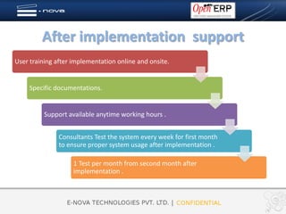After implementation support
User training after implementation online and onsite.


     Specific documentations.


          Support available anytime working hours .


               Consultants Test the system every week for first month
               to ensure proper system usage after implementation .

                    1 Test per month from second month after
                    implementation .
 