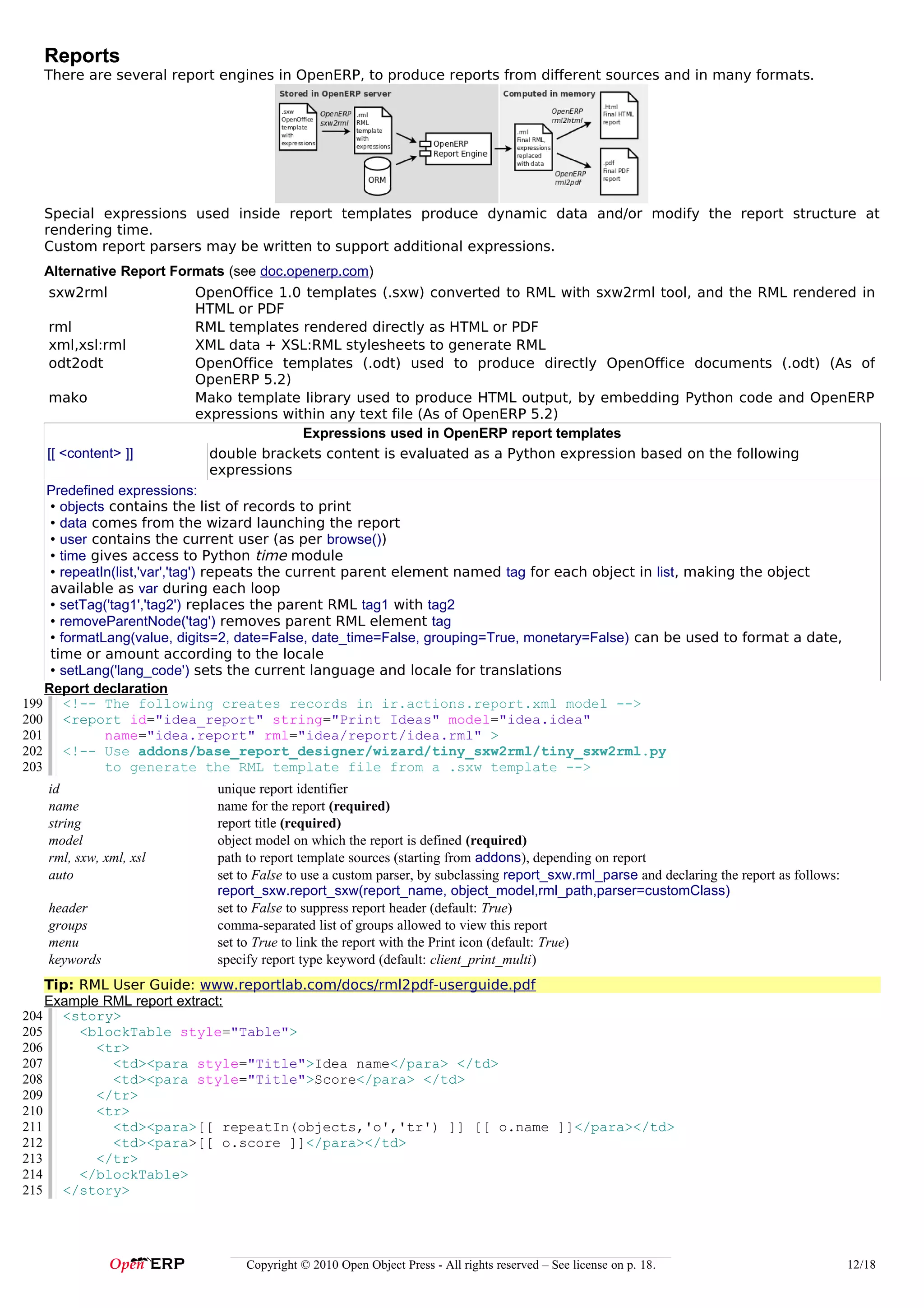 Reports
   There are several report engines in OpenERP, to produce reports from different sources and in many formats.




   Special expressions used inside report templates produce dynamic data and/or modify the report structure at
   rendering time.
   Custom report parsers may be written to support additional expressions.
   Alternative Report Formats (see doc.openerp.com)
   sxw2rml                       OpenOffice 1.0 templates (.sxw) converted to RML with sxw2rml tool, and the RML rendered in
                                 HTML or PDF
    rml                          RML templates rendered directly as HTML or PDF
    xml,xsl:rml                  XML data + XSL:RML stylesheets to generate RML
    odt2odt                      OpenOffice templates (.odt) used to produce directly OpenOffice documents (.odt) (As of
                                 OpenERP 5.2)
    mako                         Mako template library used to produce HTML output, by embedding Python code and OpenERP
                                 expressions within any text file (As of OpenERP 5.2)
                                                Expressions used in OpenERP report templates
    [[ <content> ]]                double brackets content is evaluated as a Python expression based on the following
                                   expressions
    Predefined expressions:
     • objects contains the list of records to print
     • data comes from the wizard launching the report
     • user contains the current user (as per browse())
     • time gives access to Python time module
     • repeatIn(list,'var','tag') repeats the current parent element named tag for each object in list, making the object
     available as var during each loop
     • setTag('tag1','tag2') replaces the parent RML tag1 with tag2
     • removeParentNode('tag') removes parent RML element tag
     • formatLang(value, digits=2, date=False, date_time=False, grouping=True, monetary=False) can be used to format a date,
     time or amount according to the locale
     • setLang('lang_code') sets the current language and locale for translations
    Report declaration
199 <!-- The following creates records in ir.actions.report.xml model -->
200 <report id="idea_report" string="Print Ideas" model="idea.idea"
201           name="idea.report" rml="idea/report/idea.rml" >
202 <!-- Use addons/base_report_designer/wizard/tiny_sxw2rml/tiny_sxw2rml.py
203           to generate the RML template file from a .sxw template -->
   id                       unique report identifier
   name                     name for the report (required)
   string                   report title (required)
   model                    object model on which the report is defined (required)
   rml, sxw, xml, xsl       path to report template sources (starting from addons), depending on report
   auto                     set to False to use a custom parser, by subclassing report_sxw.rml_parse and declaring the report as follows:
                            report_sxw.report_sxw(report_name, object_model,rml_path,parser=customClass)
   header                   set to False to suppress report header (default: True)
   groups                   comma-separated list of groups allowed to view this report
   menu                     set to True to link the report with the Print icon (default: True)
   keywords                 specify report type keyword (default: client_print_multi)
    Tip: RML User Guide: www.reportlab.com/docs/rml2pdf-userguide.pdf
    Example RML report extract:
204 <story>
205      <blockTable style="Table">
206        <tr>
207          <td><para style="Title">Idea name</para> </td>
208          <td><para style="Title">Score</para> </td>
209        </tr>
210        <tr>
211          <td><para>[[ repeatIn(objects,'o','tr') ]] [[ o.name ]]</para></td>
212          <td><para>[[ o.score ]]</para></td>
213        </tr>
214      </blockTable>
215 </story>




                                 Copyright © 2010 Open Object Press - All rights reserved – See license on p. 18.                           12/18
 