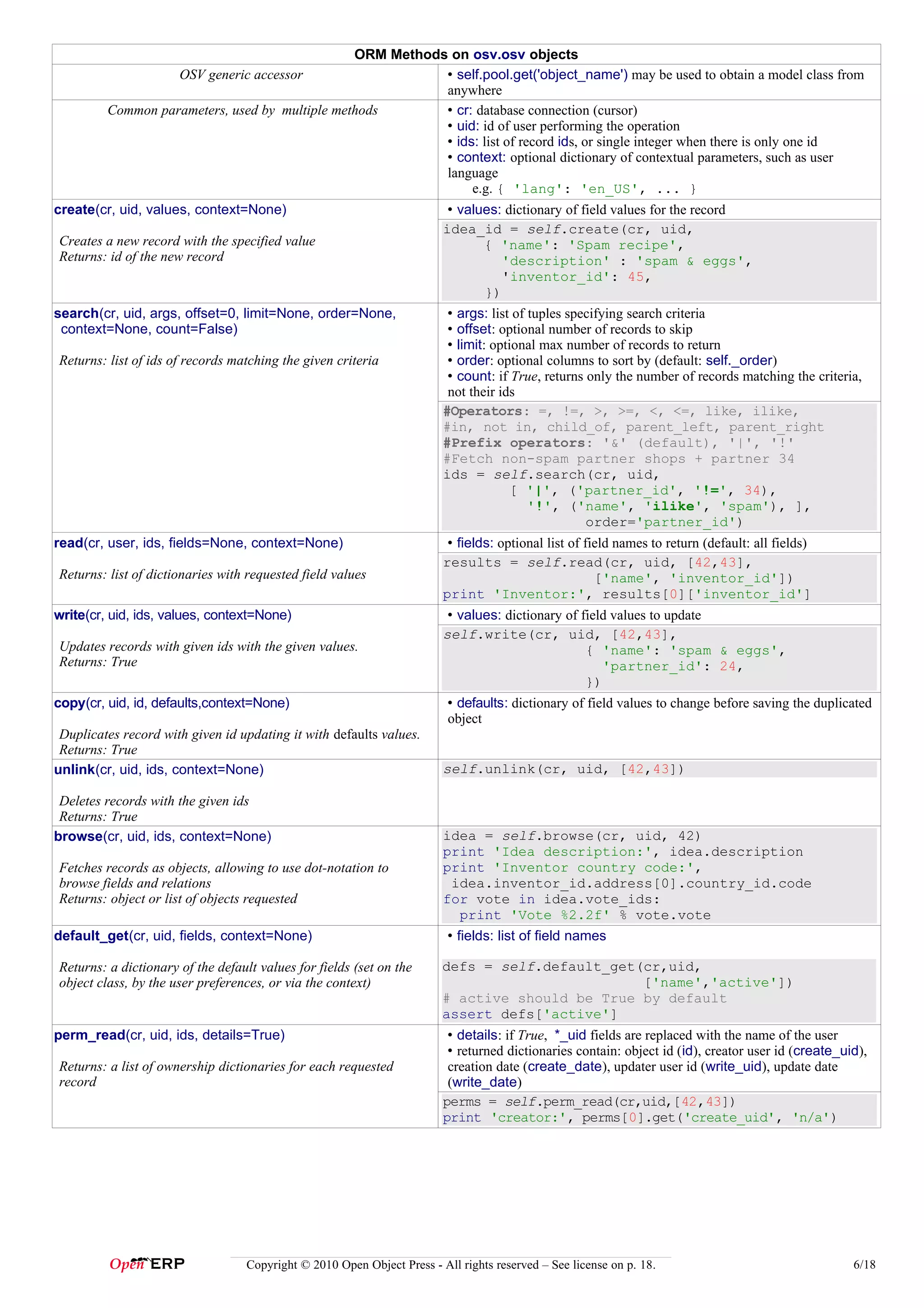 ORM Methods on osv.osv objects
                      OSV generic accessor                 • self.pool.get('object_name') may be used to obtain a model class from
                                                           anywhere
         Common parameters, used by multiple methods       • cr: database connection (cursor)
                                                           • uid: id of user performing the operation
                                                           • ids: list of record ids, or single integer when there is only one id
                                                           • context: optional dictionary of contextual parameters, such as user
                                                           language
                                                                e.g. { 'lang': 'en_US', ... }
create(cr, uid, values, context=None)                                     • values: dictionary of field values for the record
                                                                         idea_id = self.create(cr, uid,
Creates a new record with the specified value                                   { 'name': 'Spam recipe',
Returns: id of the new record                                                      'description' : 'spam & eggs',
                                                                                   'inventor_id': 45,
                                                                                })
search(cr, uid, args, offset=0, limit=None, order=None,                   • args: list of tuples specifying search criteria
 context=None, count=False)                                               • offset: optional number of records to skip
                                                                          • limit: optional max number of records to return
Returns: list of ids of records matching the given criteria               • order: optional columns to sort by (default: self._order)
                                                                          • count: if True, returns only the number of records matching the criteria,
                                                                          not their ids
                                                                         #Operators: =, !=, >, >=, <, <=, like, ilike,
                                                                         #in, not in, child_of, parent_left, parent_right
                                                                         #Prefix operators: '&' (default), '|', '!'
                                                                         #Fetch non-spam partner shops + partner 34
                                                                         ids = self.search(cr, uid,
                                                                                      [ '|', ('partner_id', '!=', 34),
                                                                                          '!', ('name', 'ilike', 'spam'), ],
                                                                                                    order='partner_id')
read(cr, user, ids, fields=None, context=None)                            • fields: optional list of field names to return (default: all fields)
                                                                         results = self.read(cr, uid, [42,43],
Returns: list of dictionaries with requested field values                                              ['name', 'inventor_id'])
                                                                         print 'Inventor:', results[0]['inventor_id']
write(cr, uid, ids, values, context=None)                                 • values: dictionary of field values to update
                                                                         self.write(cr, uid, [42,43],
Updates records with given ids with the given values.                                              { 'name': 'spam & eggs',
Returns: True                                                                                         'partner_id': 24,
                                                                                                   })
copy(cr, uid, id, defaults,context=None)                                  • defaults: dictionary of field values to change before saving the duplicated
                                                                          object
 Duplicates record with given id updating it with defaults values.
 Returns: True
unlink(cr, uid, ids, context=None)                                       self.unlink(cr, uid, [42,43])

 Deletes records with the given ids
 Returns: True
browse(cr, uid, ids, context=None)                                       idea = self.browse(cr, uid, 42)
                                                                         print 'Idea description:', idea.description
Fetches records as objects, allowing to use dot-notation to              print 'Inventor country code:',
browse fields and relations                                               idea.inventor_id.address[0].country_id.code
Returns: object or list of objects requested                             for vote in idea.vote_ids:
                                                                           print 'Vote %2.2f' % vote.vote
default_get(cr, uid, fields, context=None)                                • fields: list of field names

Returns: a dictionary of the default values for fields (set on the       defs = self.default_get(cr,uid,
object class, by the user preferences, or via the context)                                       ['name','active'])
                                                                         # active should be True by default
                                                                         assert defs['active']
perm_read(cr, uid, ids, details=True)                                     • details: if True, *_uid fields are replaced with the name of the user
                                                                          • returned dictionaries contain: object id (id), creator user id (create_uid),
Returns: a list of ownership dictionaries for each requested              creation date (create_date), updater user id (write_uid), update date
record                                                                    (write_date)
                                                                         perms = self.perm_read(cr,uid,[42,43])
                                                                         print 'creator:', perms[0].get('create_uid', 'n/a')




                                   Copyright © 2010 Open Object Press - All rights reserved – See license on p. 18.                                  6/18
 