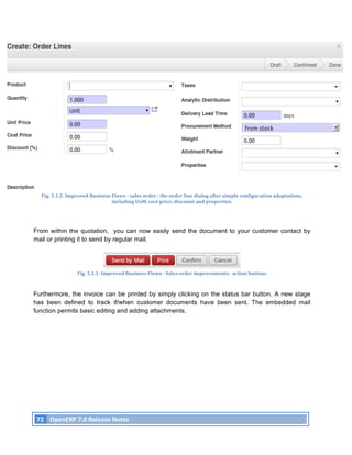 Fig.	
  5.1.2.	
  Improved	
  Business	
  Flows	
  -­‐	
  sales	
  order	
  :	
  the	
  order	
  line	
  dialog	
  after	
  simple	
  configuration	
  adaptations,	
  
                                                   including	
  UoM,	
  cost	
  price,	
  discount	
  and	
  properties.	
  	
  




From within the quotation, you can now easily send the document to your customer contact by
mail or printing it to send by regular mail.




                               Fig.	
  5.1.1.	
  Improved	
  Business	
  Flows	
  -­‐	
  Sales	
  order	
  improvements:	
  	
  action	
  buttons	
  



Furthermore, the invoice can be printed by simply clicking on the status bar button. A new stage
has been defined to track if/when customer documents have been sent. The embedded mail
function permits basic editing and adding attachments.




       72	
   OpenERP	
  7.0	
  Release	
  Notes	
  
	
  
 