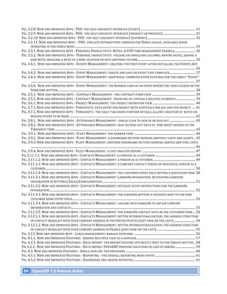 FIG.	
  3.2.8.	
  NEW	
  AND	
  IMPROVED	
  APPS	
  -­‐	
  POS:	
  THE	
  SELF-­‐CHECKOUT	
  INTERFACE	
  (START)	
  ........................................................................	
  31	
  
FIG.	
  3.2.9.	
  NEW	
  AND	
  IMPROVED	
  APPS	
  -­‐	
  POS:	
  	
  THE	
  SELF-­‐CHECKOUT	
  INTERFACE	
  (PRODUCT	
  OR	
  PRODUCE)	
  ...........................................	
  31	
  
FIG.	
  3.2.10.	
  NEW	
  AND	
  IMPROVED	
  APPS	
  -­‐	
  POS:	
  	
  THE	
  SELF-­‐CHECKOUT	
  INTERFACE	
  (PAYMENT)	
  ...............................................................	
  32	
  
FIG.	
  3.2.11.	
  NEW	
  AND	
  IMPROVED	
  APPS	
  	
  -­‐	
  POS:	
  	
  EMULATE	
  INTERACTIONS	
  THROUGH	
  THE	
  DEBUG	
  DIALOG,	
  AVAILABLE	
  WHEN	
  
          OPERATING	
  IN	
  THE	
  DEBUG	
  MODE	
  ..............................................................................................................................................................	
  33	
  
FIG.	
  3.3.1.	
  NEW	
  AND	
  IMPROVED	
  APPS	
  -­‐	
  PERSONAL	
  PRODUCTIVITY:	
  NOTES.	
  A	
  GTD	
  TIME	
  MANAGEMENT	
  EXAMPLE	
  ...........................	
  34	
  
FIG.	
  3.3.2.	
  	
  NEW	
  AND	
  IMPROVED	
  APPS	
  -­‐	
  PERSONAL	
  PRODUCTIVITY:	
  	
  FOLDING	
  OR	
  UNFOLDING	
  COLUMNS,	
  MOVING	
  NOTES,	
  ADDING	
  A	
  
          NEW	
  NOTE,	
  DRAGGING	
  A	
  NOTE	
  TO	
  A	
  NEW	
  LOCATION	
  OR	
  INTO	
  ANOTHER	
  COLUMN	
  ............................................................................	
  35	
  
FIG.	
  3.4.1.	
  	
  NEW	
  AND	
  IMPROVED	
  APPS	
  -­‐	
  EVENTS	
  MANAGEMENT:	
  CREATING	
  THE	
  FIRST	
  EVENT	
  AFTER	
  INSTALLING	
  THE	
  EVENTS	
  APP
          	
  ........................................................................................................................................................................................................................	
  36	
  
FIG.	
  3.4.2.	
  	
  NEW	
  AND	
  IMPROVED	
  APPS	
  -­‐	
  EVENT	
  MANAGEMENT:	
  CREATE	
  AND	
  SAVE	
  AN	
  EVENT	
  TYPE	
  TEMPLATE	
                                                   ..................................	
  37	
  
FIG.	
  3.4.3.	
  	
  NEW	
  AND	
  IMPROVED	
  APPS	
  -­‐	
  EVENT	
  MANAGEMENT:	
  ADDITIONAL	
  COMMUNICATION	
  FEATURES	
  FOR	
  THE	
  OBJECT	
  “EVENT”
          	
  ........................................................................................................................................................................................................................	
  37	
  
FIG.	
  3.4.4.	
  	
  NEW	
  AND	
  IMPROVED	
  APPS	
  -­‐	
  EVENT	
  MANAGEMENT:	
  THE	
  KANBAN	
  CARD	
  OF	
  AN	
  EVENT	
  WHERE	
  THE	
  USER	
  CLICKED	
  ON	
  THE	
  
          SUBSCRIBE	
  BUTTON	
  .....................................................................................................................................................................................	
  38	
  
FIG.	
  3.5.1.	
  	
  NEW	
  AND	
  IMPROVED	
  APPS	
  -­‐	
  CONTRACT	
  MANAGEMENT	
  :	
  THE	
  CONTRACT	
  FORM	
  VIEW	
  .........................................................	
  39	
  
FIG.	
  3.5.2.	
  NEW	
  AND	
  IMPROVED	
  APPS	
  -­‐	
  CONTRACT	
  MANAGEMENT:	
  	
  INVOICING	
  OF	
  CONTRACT	
  RELATED	
  ELEMENTS	
  ..........................	
  39	
  
FIG.	
  3.6.1.	
  NEW	
  AND	
  IMPROVED	
  APPS	
  -­‐	
  PROJECT	
  MANAGEMENT:	
  THE	
  PROJECT	
  DEFINITION	
  VIEW	
  ........................................................	
  40	
  
FIG.	
  3.7.1.	
  NEW	
  AND	
  IMPROVED	
  APPS	
  -­‐	
  TIMESHEETS:	
  DATA	
  ENTRY	
  PER	
  PROJECT	
  WITH	
  SUBTOTALS	
  PER	
  DAY	
  AND	
  PER	
  PROJECT.	
  ....	
  41	
  
FIG.	
  3.7.2.	
  NEW	
  AND	
  IMPROVED	
  APPS	
  -­‐	
  TIMESHEETS:	
  	
  THE	
  DAILY	
  TAB	
  SHOWS	
  FURTHER	
  DETAILS,	
  ALLOWS	
  CREATION	
  OF	
  	
  NOTES	
  OR	
  
          MODIFICATIONS	
  TO	
  BE	
  MADE	
  .....................................................................................................................................................................	
  42	
  
FIG.	
  3.8.1.	
  	
  NEW	
  AND	
  IMPROVED	
  APPS	
  -­‐	
  ATTENDANCE	
  MANAGEMENT	
  -­‐	
  SINGLE	
  CLICK	
  TO	
  SIGN	
  IN	
  OR	
  SIGN	
  OUT	
  ..................................	
  43	
  
FIG.	
  3.8.2.	
  	
  NEW	
  AND	
  IMPROVED	
  APPS	
  -­‐	
  ATTENDANCE	
  MANAGEMENT:	
  SIGN-­‐IN/SIGN-­‐OUT	
  DATA	
  VS.	
  TIME	
  SHEET	
  ENTRIES	
  IN	
  THE	
  
          TIMESHEET	
  VIEW	
  .........................................................................................................................................................................................	
  43	
  
FIG.	
  3.9.1.	
  	
  NEW	
  AND	
  IMPROVED	
  APPS	
  -­‐	
  FLEET	
  MANAGEMENT:	
  THE	
  KANBAN	
  VIEW	
  .................................................................................	
  44	
  
FIG.	
  3.9.2.	
  	
  NEW	
  AND	
  IMPROVED	
  APPS	
  -­‐	
  FLEET	
  MANAGEMENT:	
  A	
  DASHBOARD	
  SECTION	
  SHOWING	
  MONTHLY	
  COSTS	
  AND	
  ALERTS	
  ..	
  45	
  
FIG.	
  3.9.3.	
  NEW	
  AND	
  IMPROVED	
  APPS	
  -­‐	
  FLEET	
  MANAGEMENT:	
  ANOTHER	
  DASHBOARD	
  SECTION	
  SHOWING	
  SERVICE	
  AND	
  FUEL	
  COSTS
          	
  ........................................................................................................................................................................................................................	
  46	
  
FIG.	
  3.9.4.	
  NEW	
  AND	
  IMPROVED	
  APPS	
  -­‐	
  FLEET	
  MANAGEMENT:	
  A	
  COST	
  ANALYSIS	
  REPORT	
  ......................................................................	
  47	
  
FIG	
  3.11.1.1.	
  NEW	
  AND	
  IMPROVED	
  APPS	
  -­‐	
  CONTACTS	
  MANAGEMENT:	
  A	
  COMPANY	
  AS	
  A	
  CUSTOMER	
  .....................................................	
  49	
  
FIG.	
  3.11.1.2.	
  NEW	
  AND	
  IMPROVED	
  APPS	
  -­‐	
  CONTACTS	
  MANAGEMENT:	
  A	
  PERSON	
  AS	
  A	
  CUSTOMER	
  ........................................................	
  49	
  
FIG.	
  3.11.1.3.	
  NEW	
  AND	
  IMPROVED	
  APPS	
  -­‐	
  CONTACTS	
  MANAGEMENT:	
  A	
  COMPANY	
  CONTACT	
  VERSUS	
  AN	
  INDIVIDUAL	
  PERSON	
  AS	
  A	
  
          CUSTOMER	
  .....................................................................................................................................................................................................	
  50	
  
FIG.	
  3.11.1.4.	
  NEW	
  AND	
  IMPROVED	
  APPS	
  -­‐	
  CONTACTS	
  MANAGEMENT:	
  THE	
  CUSTOMER	
  ENTRY	
  FIELD	
  WITHIN	
  A	
  QUOTATION	
  VIEW	
   50	
  
FIG.	
  3.11.3.1.	
  NEW	
  AND	
  IMPROVED	
  APPS	
  -­‐	
  CONTACTS	
  MANAGEMENT:	
  LINKEDIN	
  INTEGRATION.	
  ACTIVATING	
  LINKEDIN	
  
          INTEGRATION	
  IN	
  SETTINGS/SALES/CONFIGURATION	
  ...........................................................................................................................	
  51	
  
FIG.	
  3.11.3.2.	
  NEW	
  AND	
  IMPROVED	
  APPS	
  -­‐	
  CONTACTS	
  MANAGEMENT:	
  DETAILED	
  SETUP	
  INSTRUCTIONS	
  FOR	
  THE	
  LINKEDIN	
  
          INTEGRATION	
  ................................................................................................................................................................................................	
  52	
  
FIG.	
  3.11.3.3.	
  NEW	
  AND	
  IMPROVED	
  APPS	
  -­‐	
  CONTACTS	
  MANAGEMENT:	
  THE	
  LINKEDIN	
  BUTTON	
  IS	
  SITUATED	
  NEXT	
  TO	
  THE	
  NEW	
  
          CUSTOMER	
  NAME	
  ENTRY	
  FIELD	
  ..................................................................................................................................................................	
  52	
  
FIG.	
  3.11.3.4.	
  NEW	
  AND	
  IMPROVED	
  APPS	
  -­‐	
  CONTACTS	
  MANAGEMENT:	
  LOGGING	
  INTO	
  LINKEDIN	
  TO	
  OBTAIN	
  COMPANY	
  
          INFORMATION	
  AND	
  CONTACTS	
  ...................................................................................................................................................................	
  53	
  
FIG.	
  3.11.3.5.	
  NEW	
  AND	
  IMPROVED	
  APPS	
  -­‐	
  CONTACTS	
  MANAGEMENT:	
  THE	
  LINKEDIN	
  CONTACT	
  DATA	
  IN	
  THE	
  CUSTOMER	
  FORM	
  ...	
  54	
  
FIG.	
  3.12.1.1.	
  NEW	
  AND	
  IMPROVED	
  APPS	
  -­‐	
  CONTACTS	
  MANAGEMENT:	
  BETTER	
  INTERNATIONALIZATION,	
  THE	
  ADDRESS	
  STRUCTURE	
  
          OF	
  CONTACT	
  AGROLAIT	
  WITH	
  YOUR	
  COMPANY	
  ADDRESS	
  IN	
  THE	
  UNITED	
  STATES	
  (EDIT	
  VIEW	
  ON	
  THE	
  LEFT)	
  .............................	
  54	
  
FIG.	
  3.12.1.2.	
  NEW	
  AND	
  IMPROVED	
  APPS	
  -­‐	
  CONTACTS	
  MANAGEMENT:	
  BETTER	
  INTERNATIONALIZATION,	
  THE	
  ADDRESS	
  STRUCTURE	
  
          OF	
  CONTACT	
  AGROLAIT	
  WITH	
  YOUR	
  COMPANY	
  ADDRESS	
  IN	
  FRANCE	
  (EDIT	
  VIEW	
  ON	
  THE	
  LEFT)	
  ...................................................	
  55	
  
FIG.	
  3.13.	
  NEW	
  AND	
  IMPROVED	
  APPS	
  -­‐	
  LUNCH	
  MANAGEMENT:	
  MANAGE	
  SUPPLIERS	
  .................................................................................	
  56	
  
FIG.	
  4.1.1.	
  NEW	
  AND	
  IMPROVED	
  FEATURES	
  -­‐	
  ADDING	
  MULTIPLE	
  TAGS	
  TO	
  A	
  SUPPLIER	
  .............................................................................	
  57	
  
FIG.	
  4.2.1.	
  NEW	
  AND	
  IMPROVED	
  FEATURES	
  -­‐	
  DATA	
  IMPORT:	
  THE	
  IMPORT	
  FEATURE	
  SITS	
  NEATLY	
  NEXT	
  TO	
  THE	
  CREATE	
  BUTTON	
  ..	
  58	
  
FIG	
  4.2.2.	
  	
  NEW	
  AND	
  IMPROVED	
  FEATURES	
  -­‐	
  DATA	
  IMPORT:	
  OPENERP	
  PROPOSES	
  SOLUTIONS	
  IN	
  CASE	
  OF	
  ERRORS	
  ...........................	
  59	
  
FIG.	
  4.3.	
  NEW	
  AND	
  IMPROVED	
  FEATURES	
  -­‐	
  SINGLE	
  SIGN-­‐ON:	
  THE	
  PROVIDERS	
  ............................................................................................	
  60	
  
FIG.	
  4.5.1.	
  NEW	
  AND	
  IMPROVED	
  FEATURES	
  -­‐	
  REPORTING	
  -­‐	
  THE	
  OVERALL	
  REPORTING	
  MENU	
  ENTRY	
  .....................................................	
  61	
  
FIG.	
  4.5.2.	
  NEW	
  AND	
  IMPROVED	
  FEATURES	
  -­‐	
  DASHBOARD	
  AND	
  GRAPHS	
  REVISITED	
  ..................................................................................	
  61	
  


       94	
   OpenERP	
  7.0	
  Release	
  Notes	
  
	
  
 