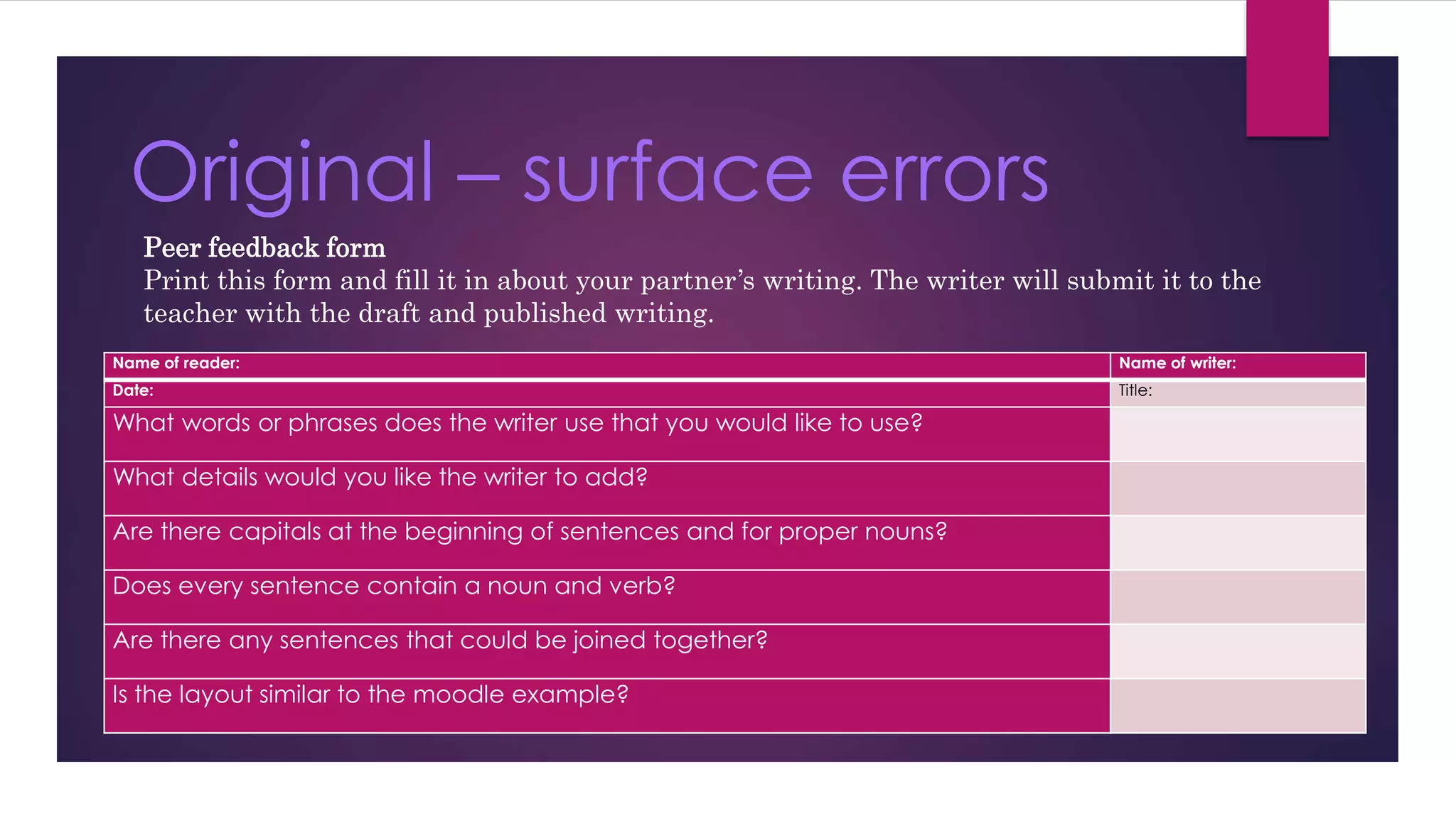 Original – surface errors 
Peer feedback form 
Print this form and fill it in about your partner’s writing. The writer will submit it to the 
teacher with the draft and published writing. 
Name of reader: Name of writer: 
Date: Title: 
What words or phrases does the writer use that you would like to use? 
What details would you like the writer to add? 
Are there capitals at the beginning of sentences and for proper nouns? 
Does every sentence contain a noun and verb? 
Are there any sentences that could be joined together? 
Is the layout similar to the moodle example? 
 