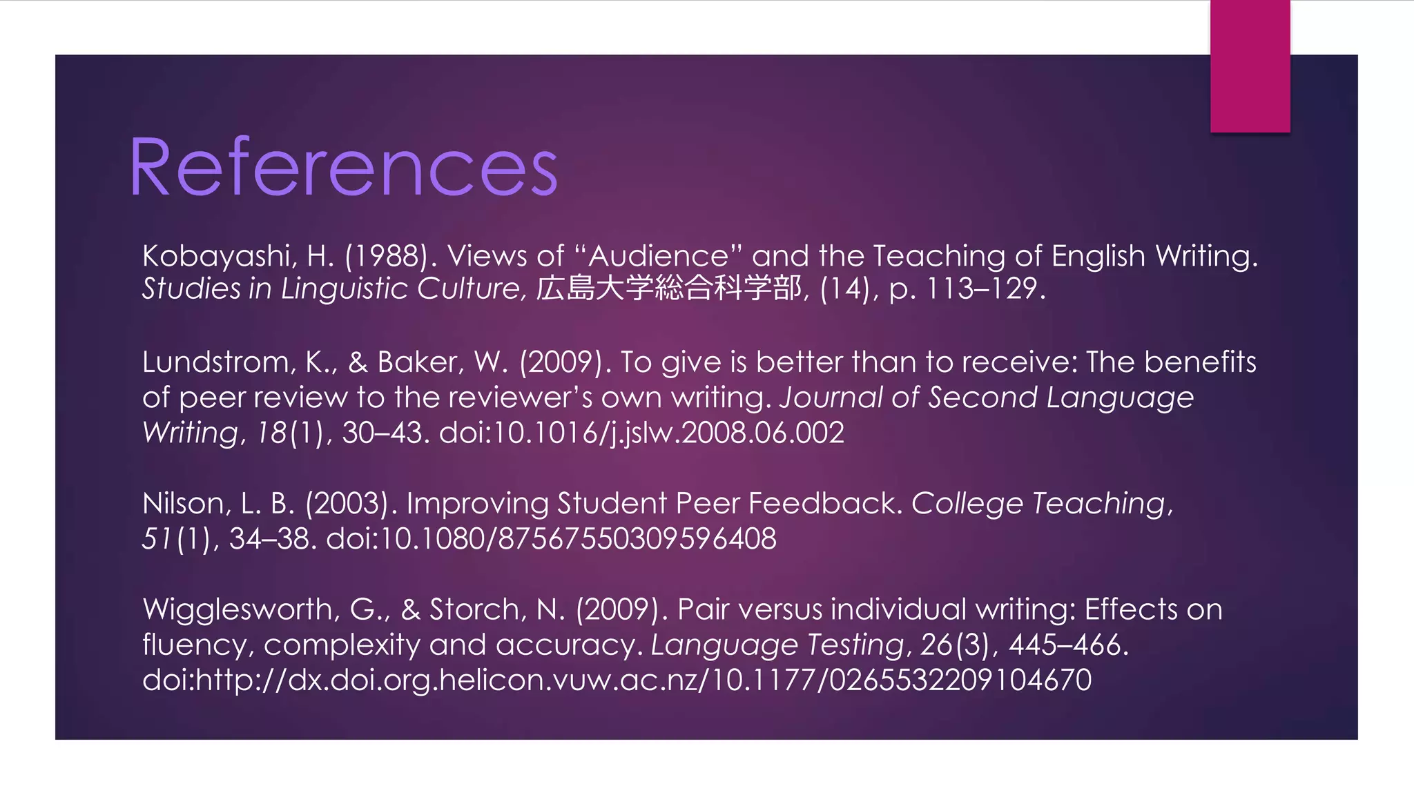 References 
Kobayashi, H. (1988). Views of “Audience” and the Teaching of English Writing. 
Studies in Linguistic Culture, 広島大学総合科学部, (14), p. 113–129. 
Lundstrom, K., & Baker, W. (2009). To give is better than to receive: The benefits 
of peer review to the reviewer’s own writing. Journal of Second Language 
Writing, 18(1), 30–43. doi:10.1016/j.jslw.2008.06.002 
Nilson, L. B. (2003). Improving Student Peer Feedback. College Teaching, 
51(1), 34–38. doi:10.1080/87567550309596408 
Wigglesworth, G., & Storch, N. (2009). Pair versus individual writing: Effects on 
fluency, complexity and accuracy. Language Testing, 26(3), 445–466. 
doi:http://dx.doi.org.helicon.vuw.ac.nz/10.1177/0265532209104670 
 