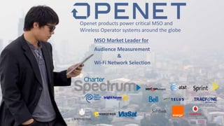 1© Copyright 2017 Openet – Company Confidential
For Use Under Non-Disclosure Only
®
Openet products power critical MSO and
Wireless Operator systems around the globe
MSO Market Leader for
Audience Measurement
&
Wi-Fi Network Selection
 