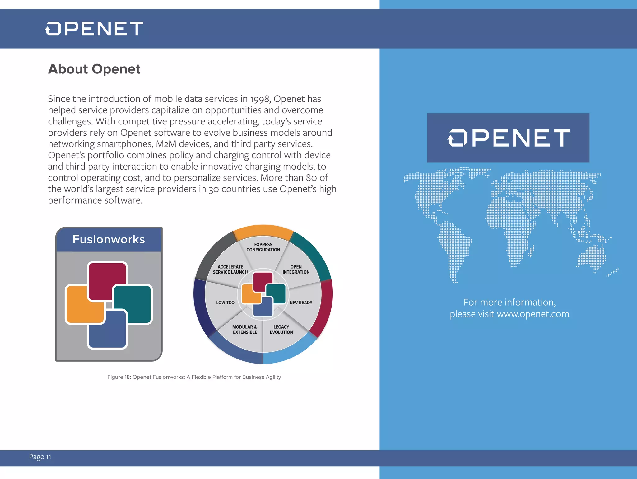 Page 11
Since the introduction of mobile data services in 1998, Openet has
helped service providers capitalize on opportunities and overcome
challenges. With competitive pressure accelerating, today’s service
providers rely on Openet software to evolve business models around
networking smartphones, M2M devices, and third party services.
Openet’s portfolio combines policy and charging control with device
and third party interaction to enable innovative charging models, to
control operating cost, and to personalize services. More than 80 of
the world’s largest service providers in 30 countries use Openet’s high
performance software.
For more information,
please visit www.openet.com
About Openet
Figure 18: Openet Fusionworks: A Flexible Platform for Business Agility
 