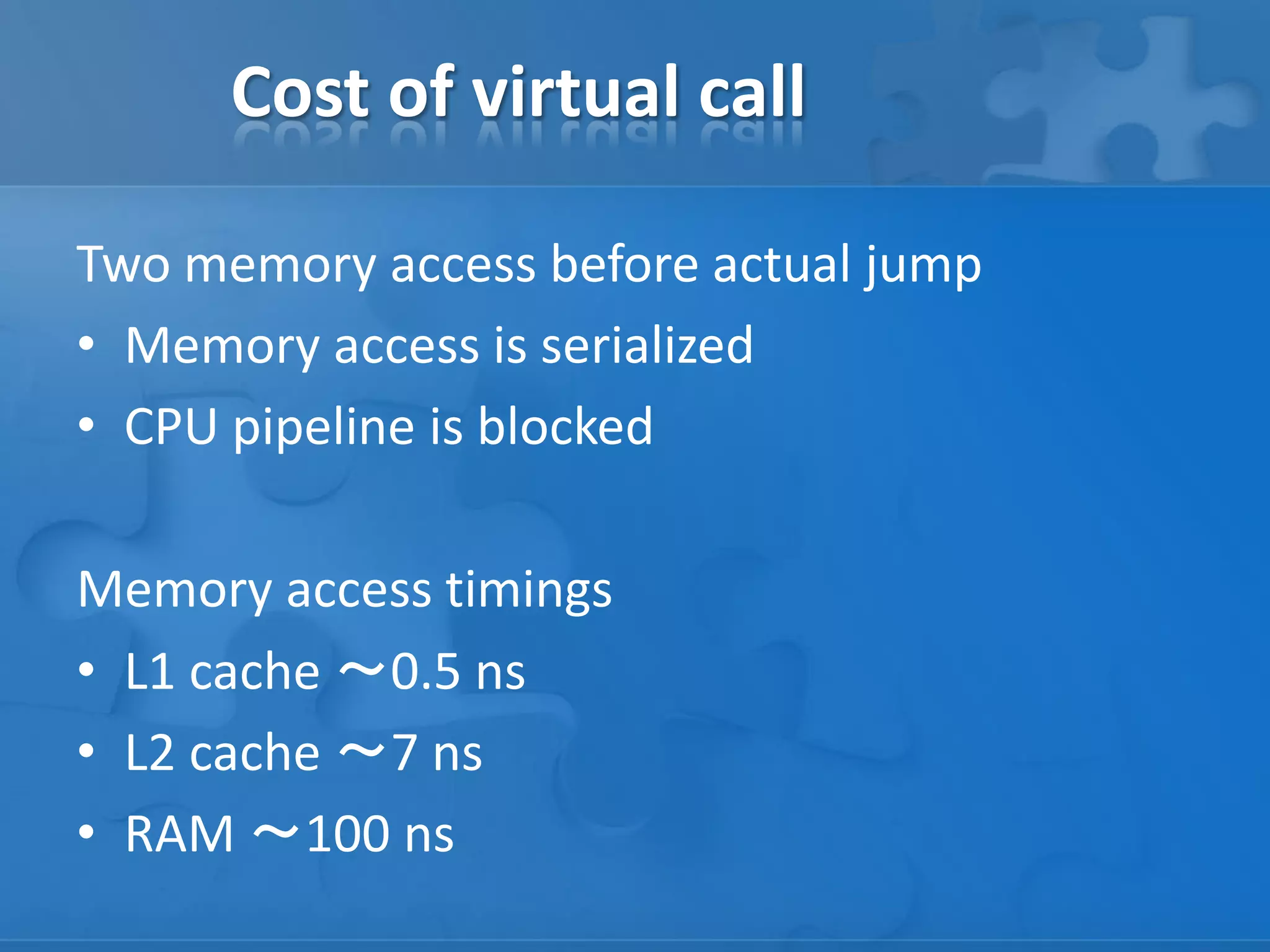 Two memory access before actual jump
• Memory access is serialized
• CPU pipeline is blocked
Memory access timings
• L1 cache ～0.5 ns
• L2 cache ～7 ns
• RAM ～100 ns
Cost of virtual call
 