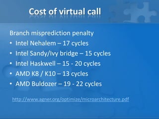 Branch misprediction penalty
• Intel Nehalem – 17 cycles
• Intel Sandy/Ivy bridge – 15 cycles
• Intel Haskwell – 15 - 20 cycles
• AMD K8 / K10 – 13 cycles
• AMD Buldozer – 19 - 22 cycles
http://www.agner.org/optimize/microarchitecture.pdf
Cost of virtual call
 
