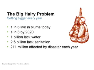 The Big Hairy Problem 1 in 6 live in slums today 1 in 3 by 2020 1 billion lack water 2.6 billion lack sanitation 211 million affected by disaster each year Getting bigger every year Source: Design Like You Give A Damn 