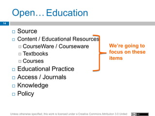Open… Education
14


         Source
         Content / Educational Resources
           CourseWare / Courseware                                                    We’re going to
           Textbooks                                                                  focus on these
                                                                                       items
           Courses

         Educational Practice
         Access / Journals
         Knowledge
         Policy


     Unless otherwise specified, this work is licensed under a Creative Commons Attribution 3.0 United
 