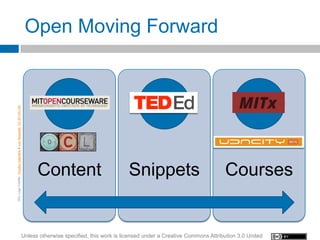 Open Moving Forward
39
     OCL Logo Credits: Timothy Valentine & Leo Reynolds CC-BY-NC-SA




                                                                            Content                              Snippets                              Courses


                                                                      Unless otherwise specified, this work is licensed under a Creative Commons Attribution 3.0 United
 