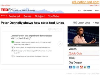 education.ted.com

     TED-Ed
51


        Quiz for “Peter Donnelly shows how stats fool
         juries”




                                       Credits: TED Conferences, LLC, Used under
 